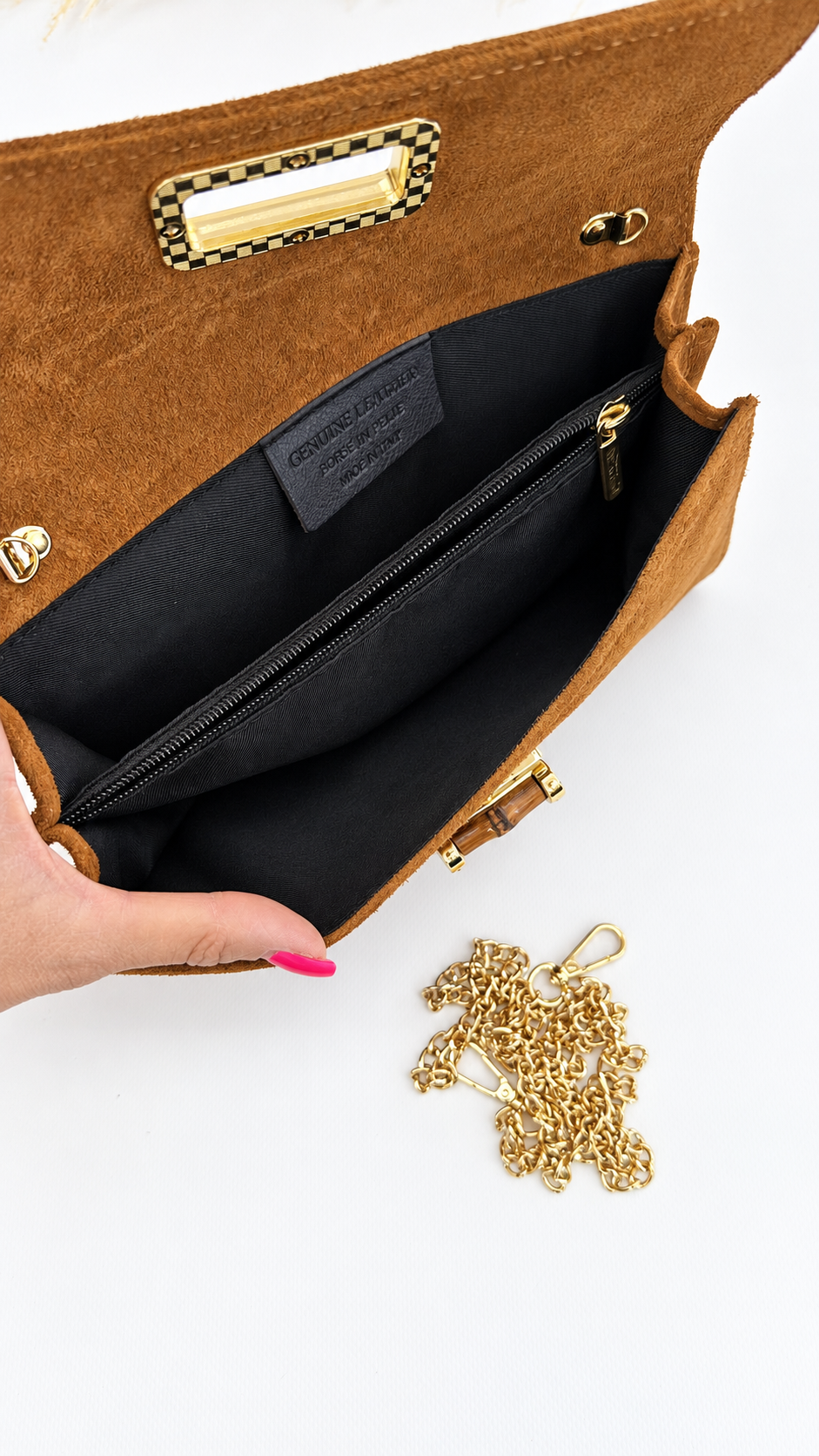 POCHETTE SCAMOSCIATA BAMBOO CAMEL