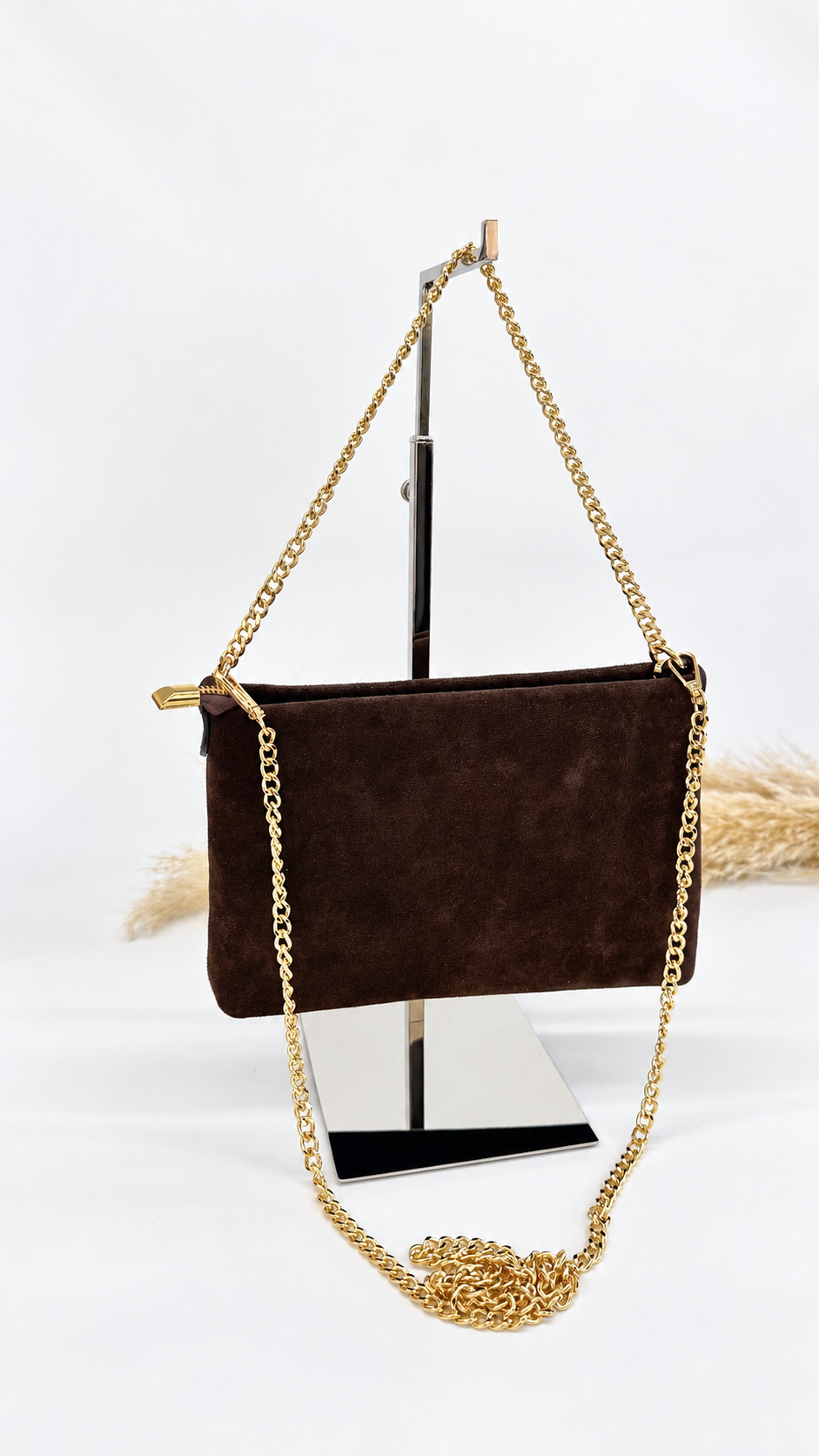 POCHETTE SCAMOSCIATA CON CATENELLA BROWN
