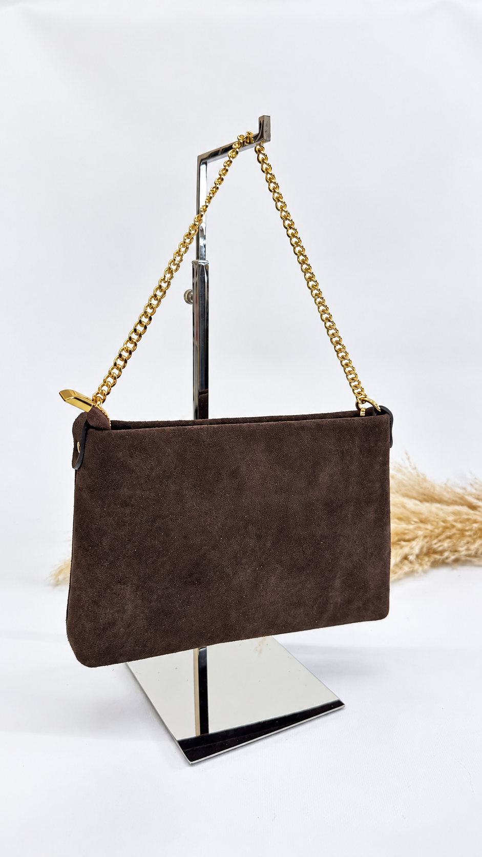 POCHETTE SCAMOSCIATA CON CATENELLA BROWN