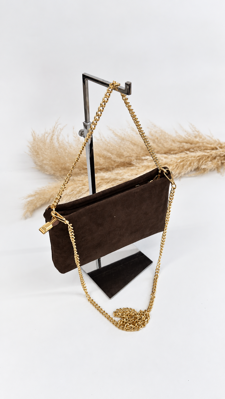 POCHETTE SCAMOSCIATA CON CATENELLA BROWN
