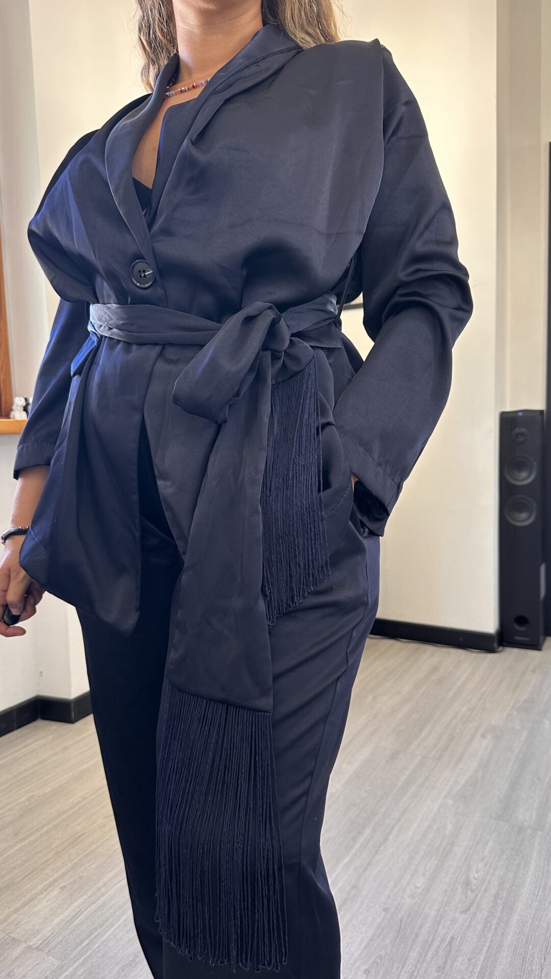 COORDINATO SATIN CON FRANGE BLU