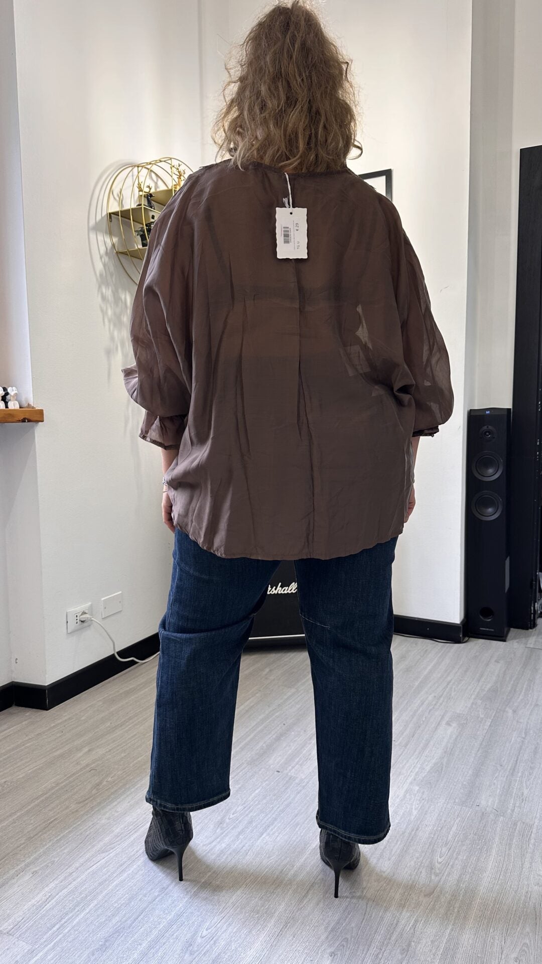 CAMICIA VELATA CON PIZZO E LACCETTI MARRONE