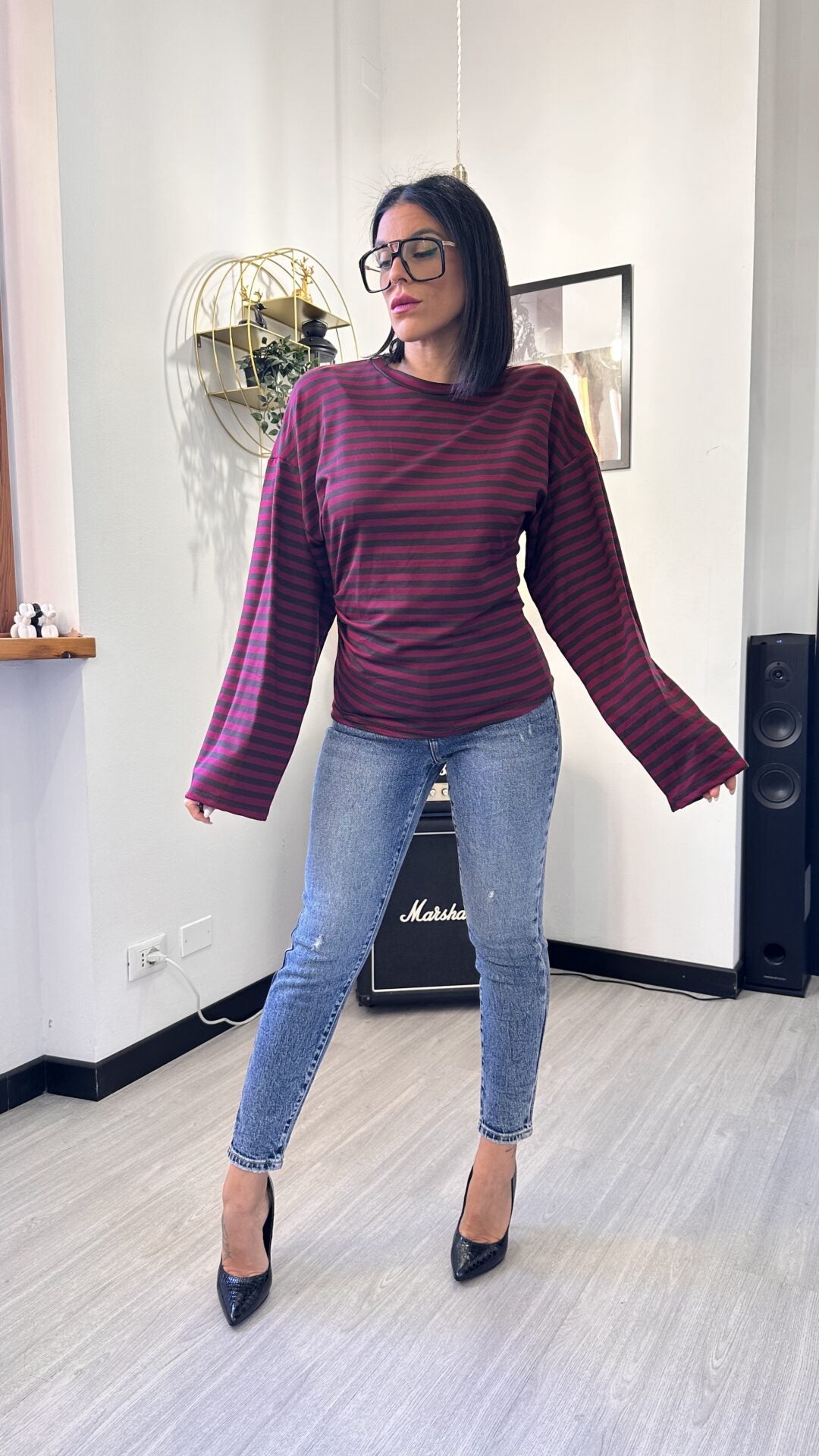 LONG SLEEVE MANICA OVER A RIGHE BORDEAUX
