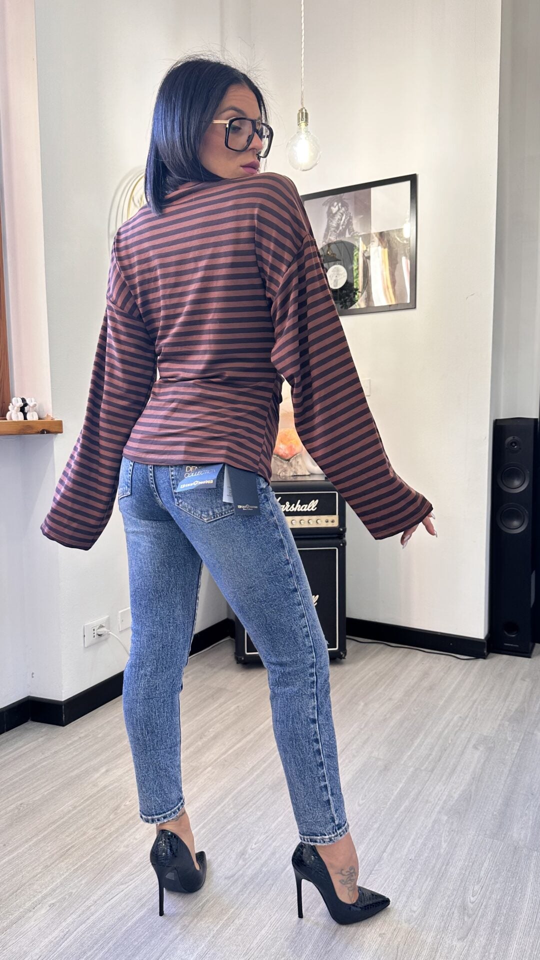 LONG SLEEVE MANICA OVER A RIGHE MARRONE