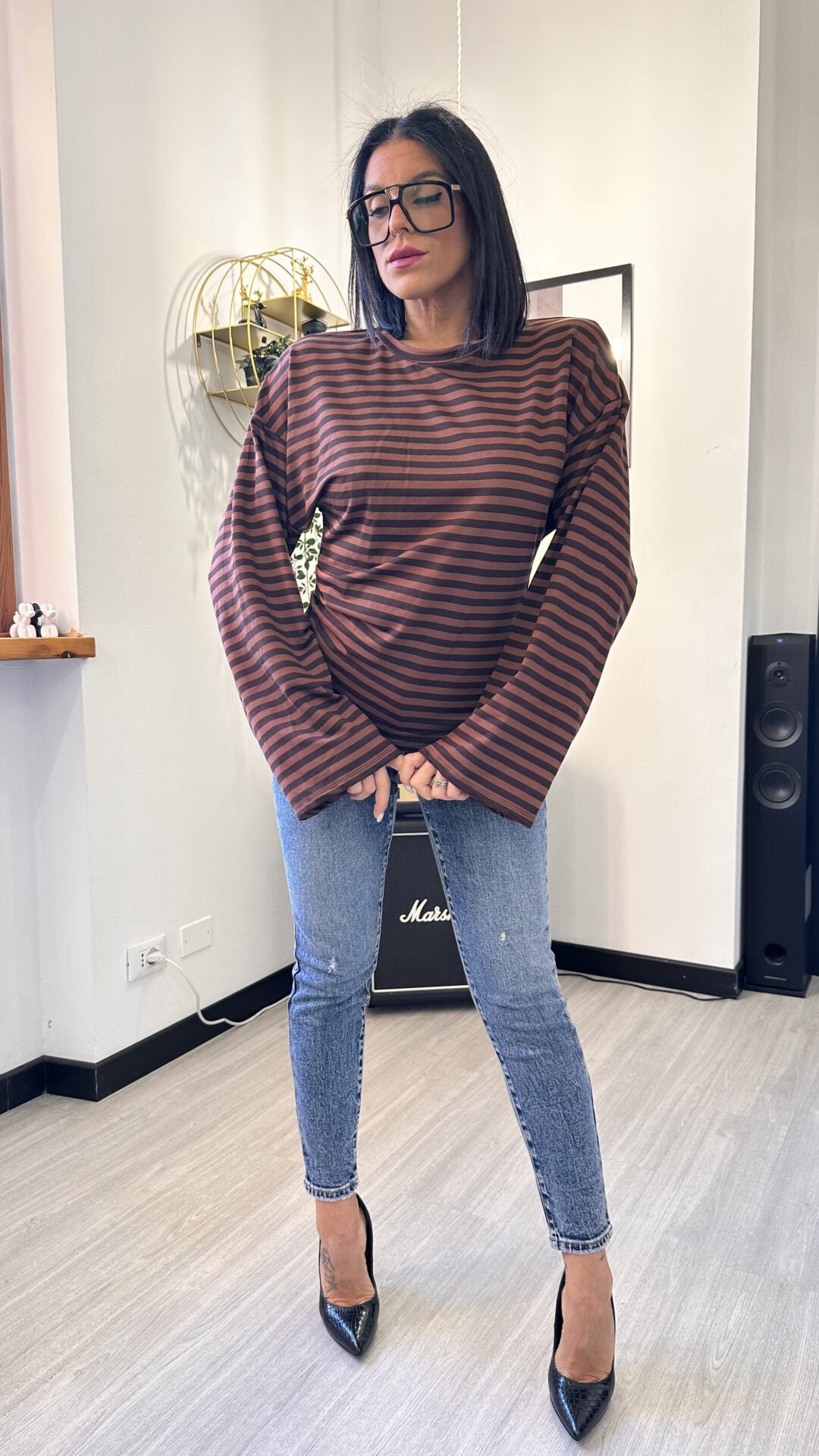 LONG SLEEVE MANICA OVER A RIGHE MARRONE
