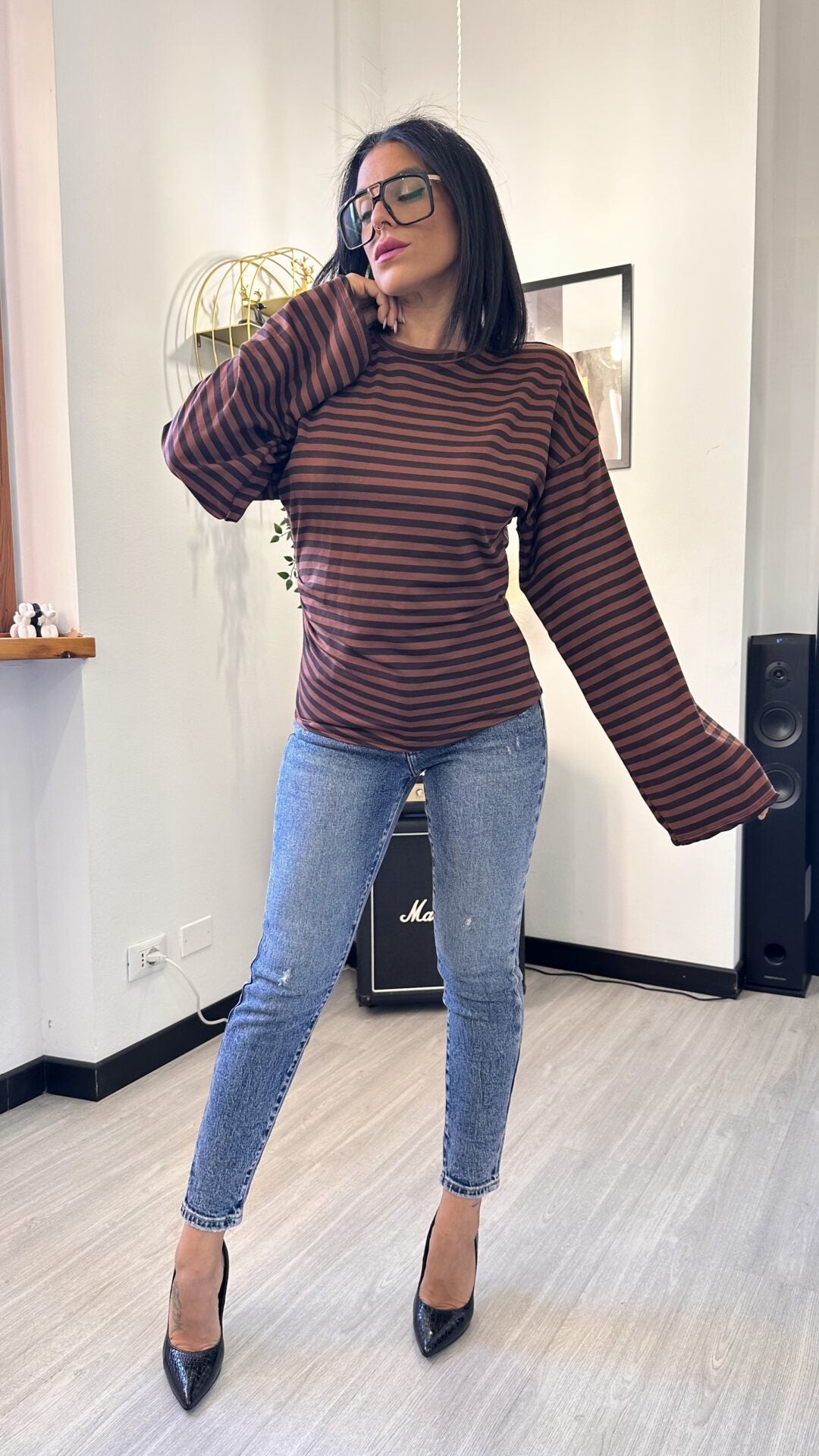 LONG SLEEVE MANICA OVER A RIGHE MARRONE
