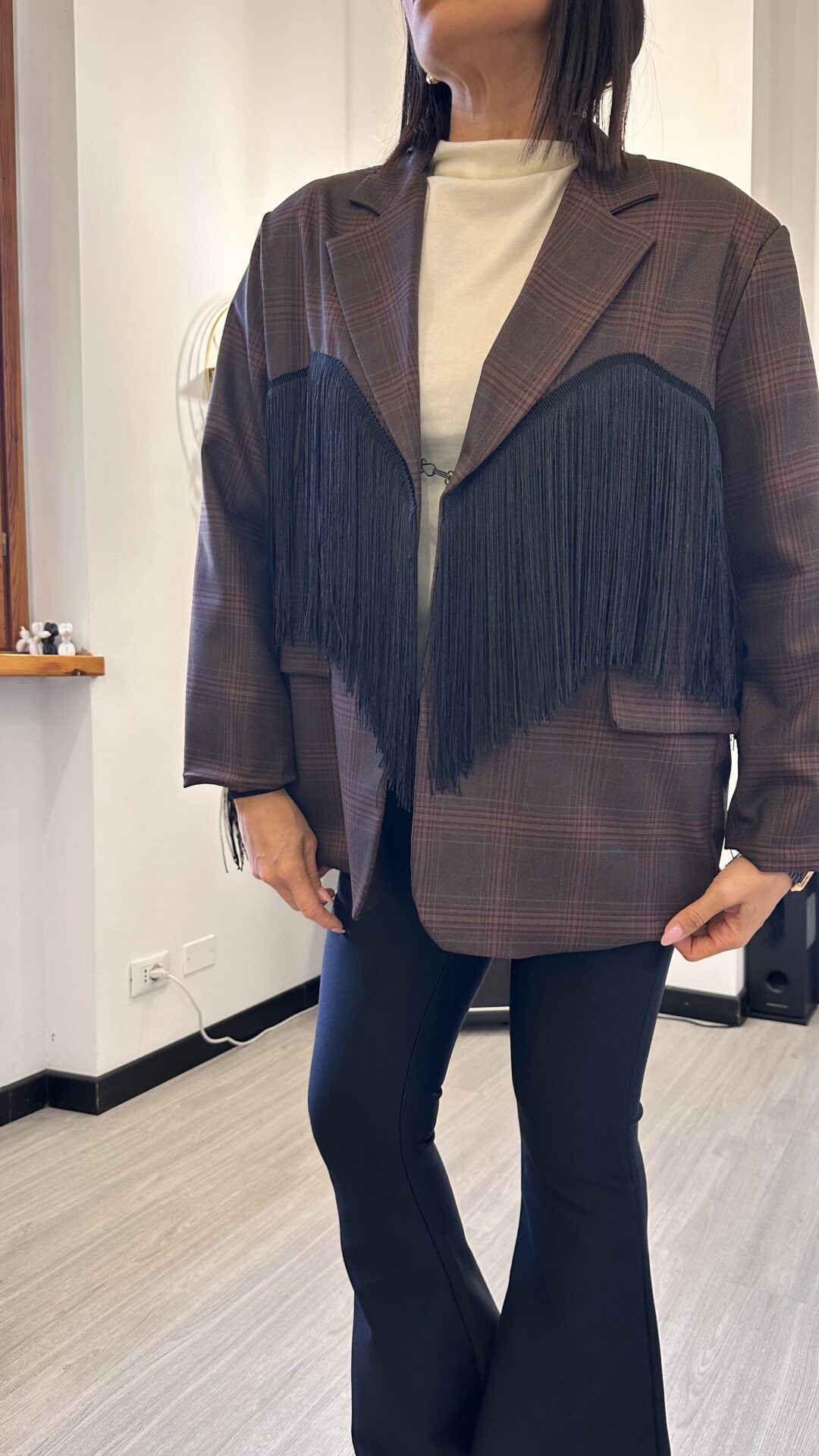 GIACCA TARTAN CON FRANGE BORDEAUX