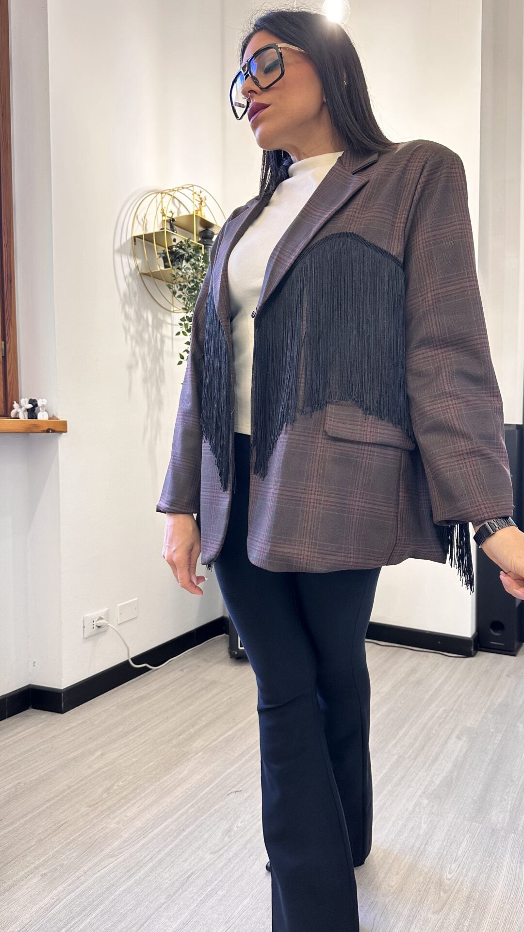 GIACCA TARTAN CON FRANGE BORDEAUX