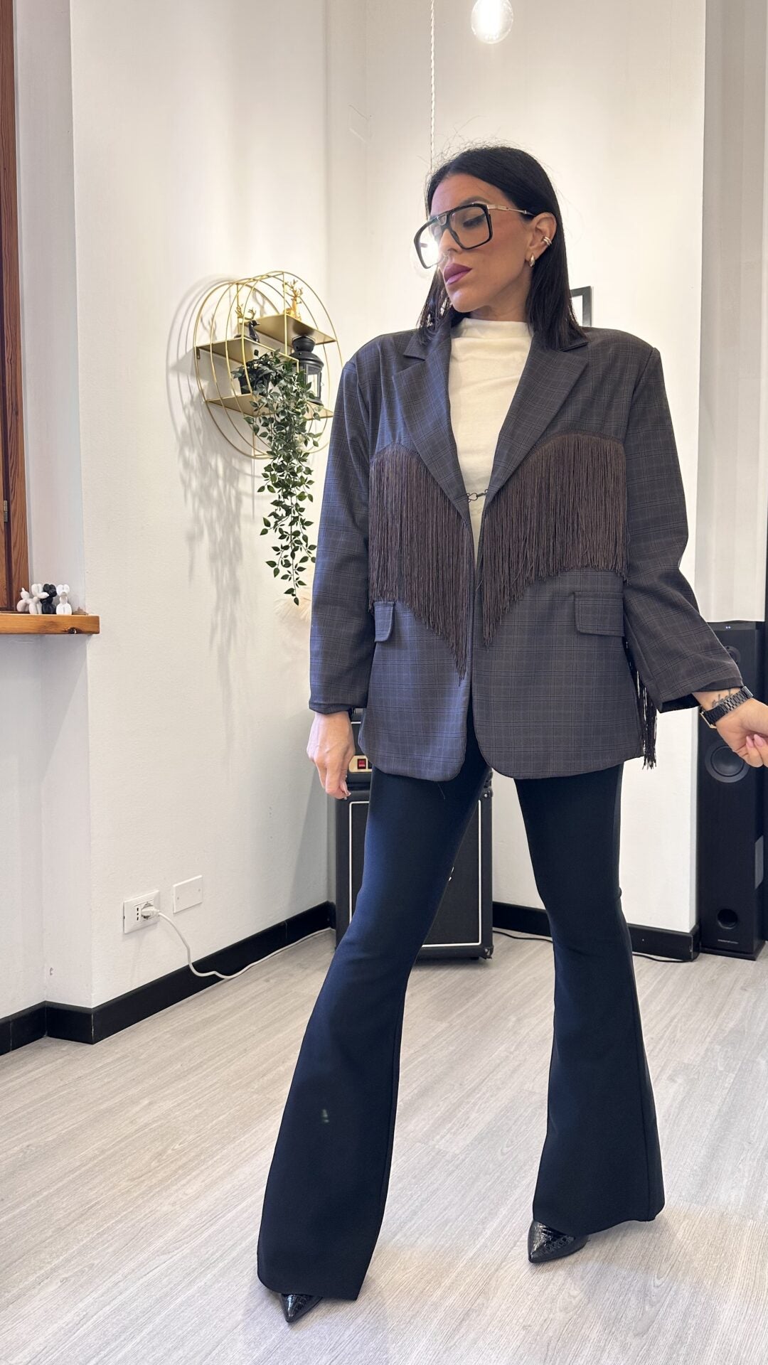 GIACCA TARTAN CON FRANGE AZZURRA