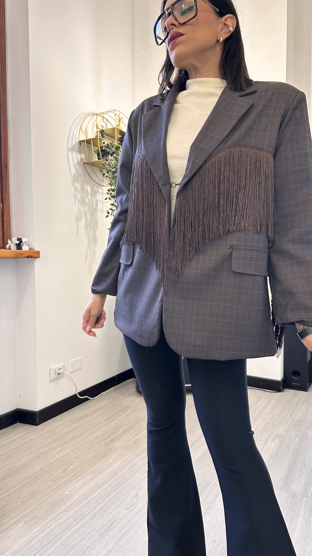 GIACCA TARTAN CON FRANGE AZZURRA