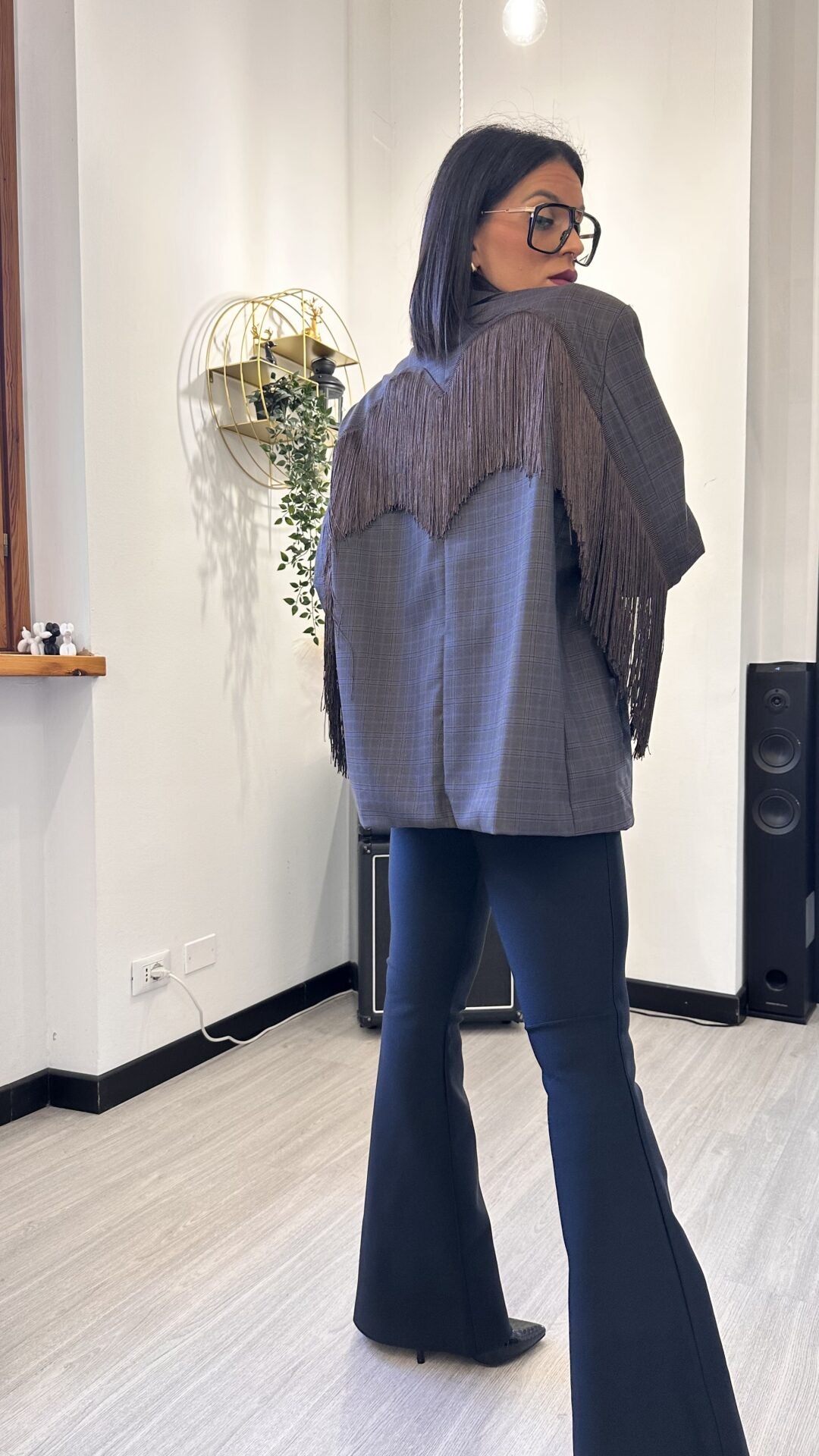 GIACCA TARTAN CON FRANGE AZZURRA