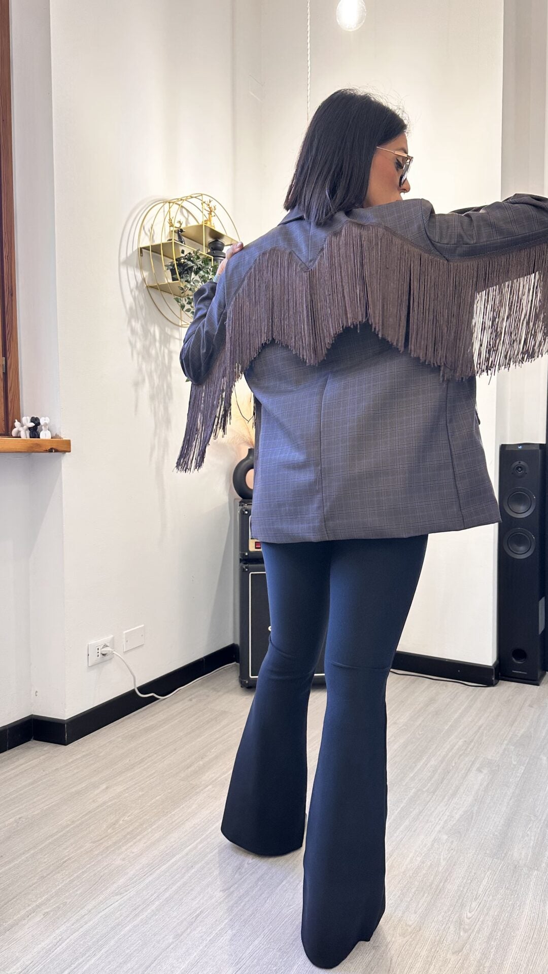 GIACCA TARTAN CON FRANGE AZZURRA