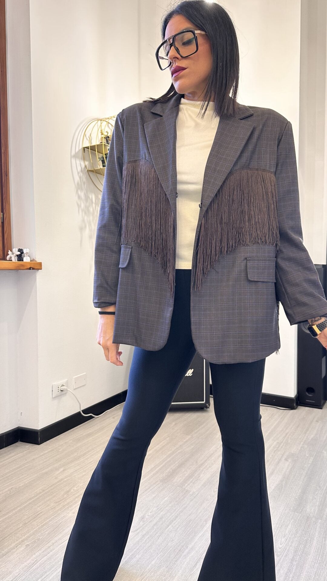 GIACCA TARTAN CON FRANGE AZZURRA