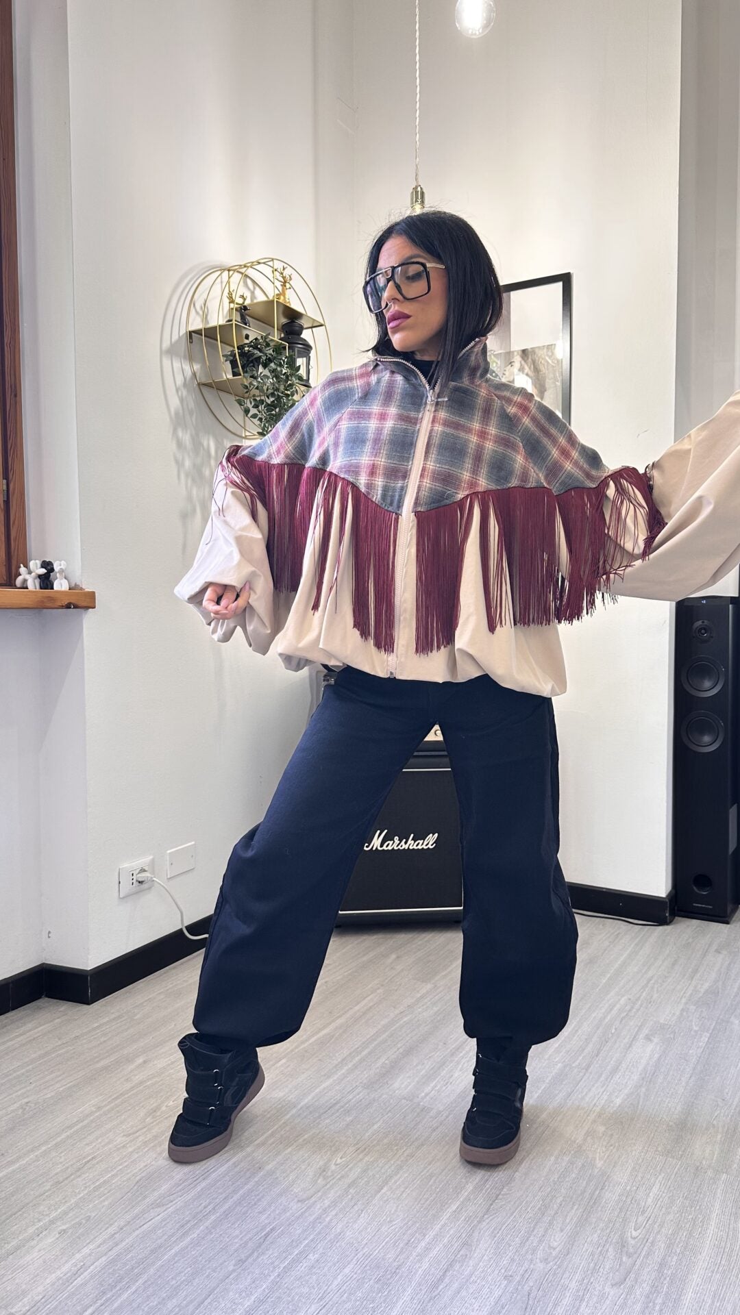 GIACCA BOMBER TARTAN CON FRANGE