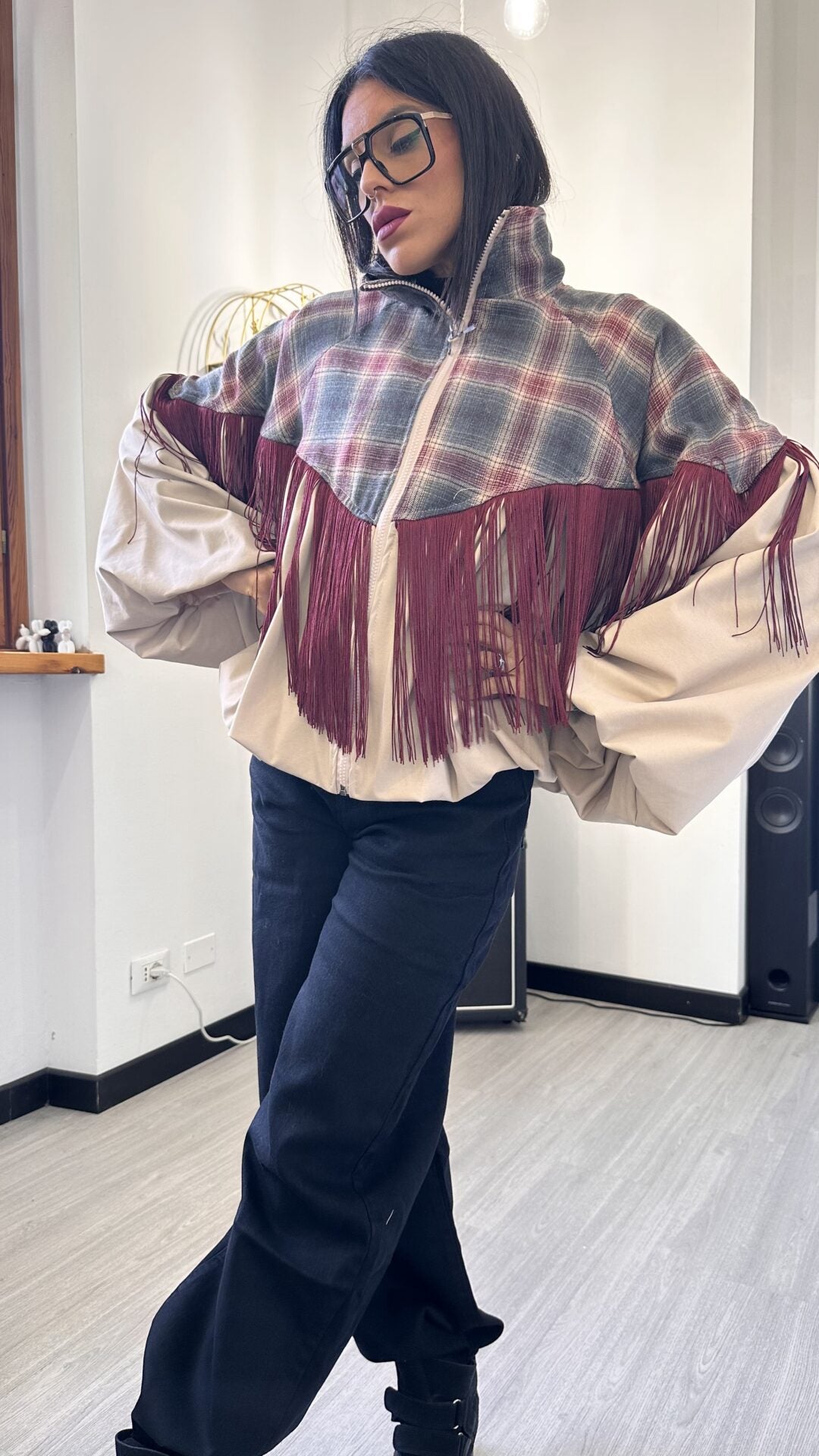 GIACCA BOMBER TARTAN CON FRANGE