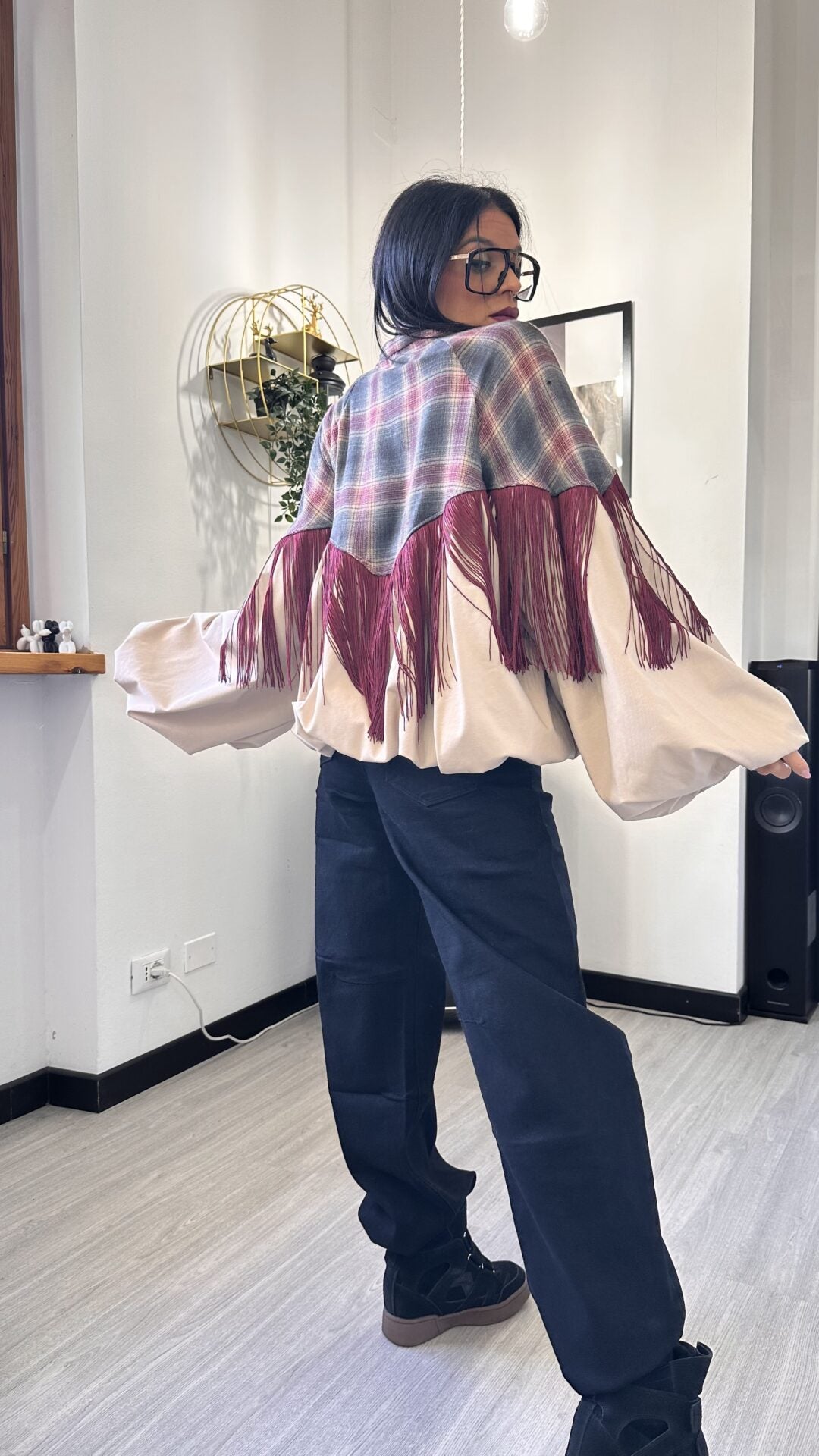 GIACCA BOMBER TARTAN CON FRANGE