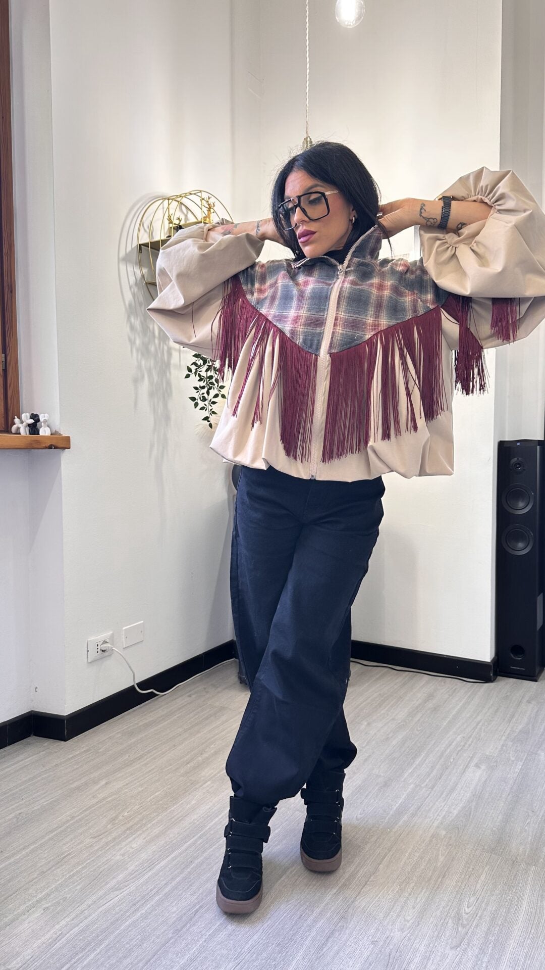 GIACCA BOMBER TARTAN CON FRANGE