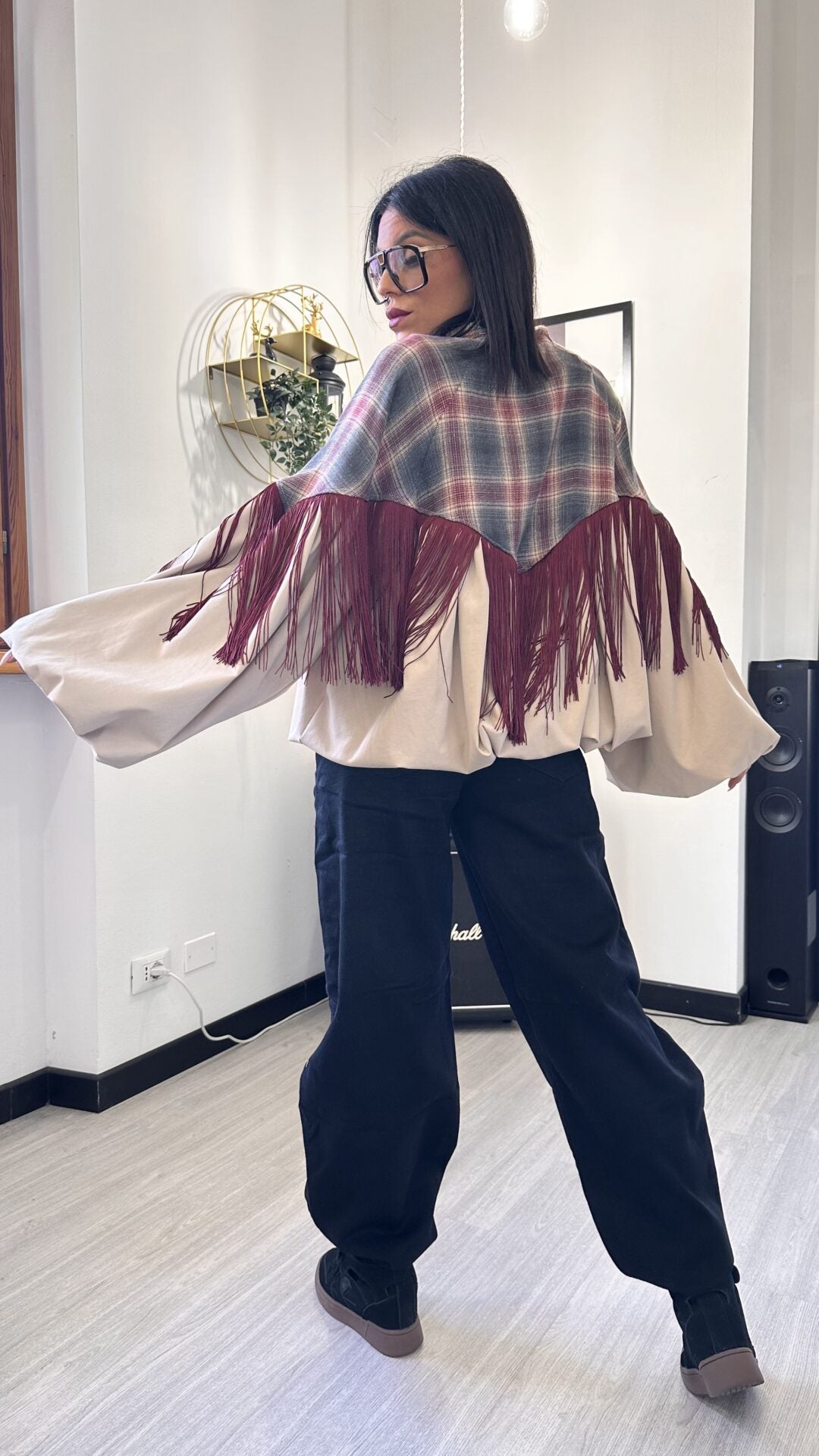 GIACCA BOMBER TARTAN CON FRANGE