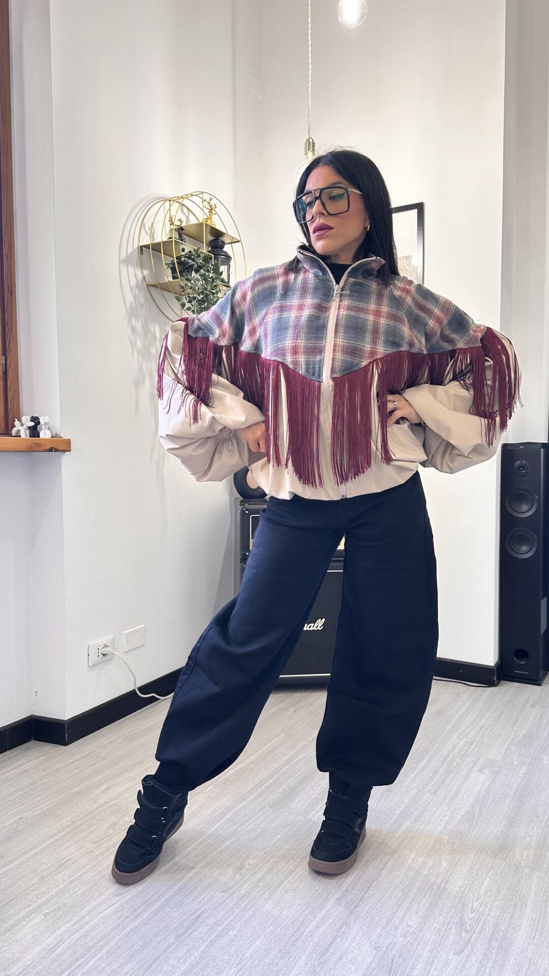 GIACCA BOMBER TARTAN CON FRANGE