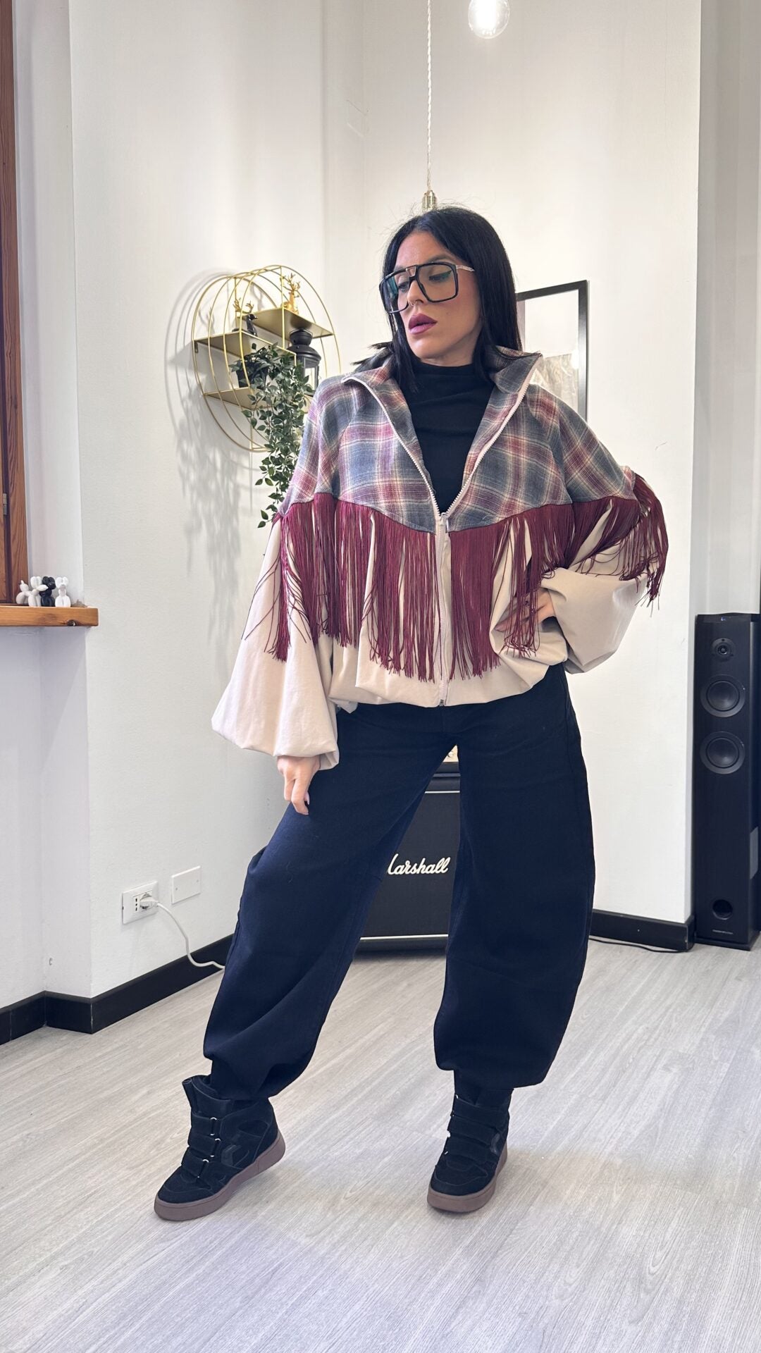GIACCA BOMBER TARTAN CON FRANGE