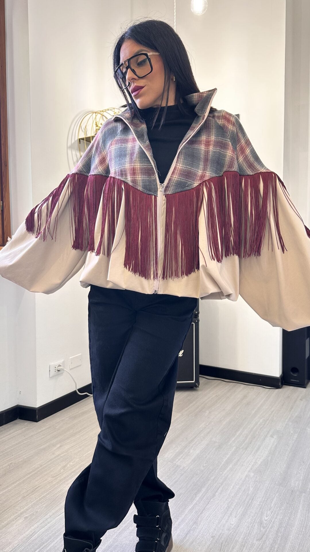 GIACCA BOMBER TARTAN CON FRANGE