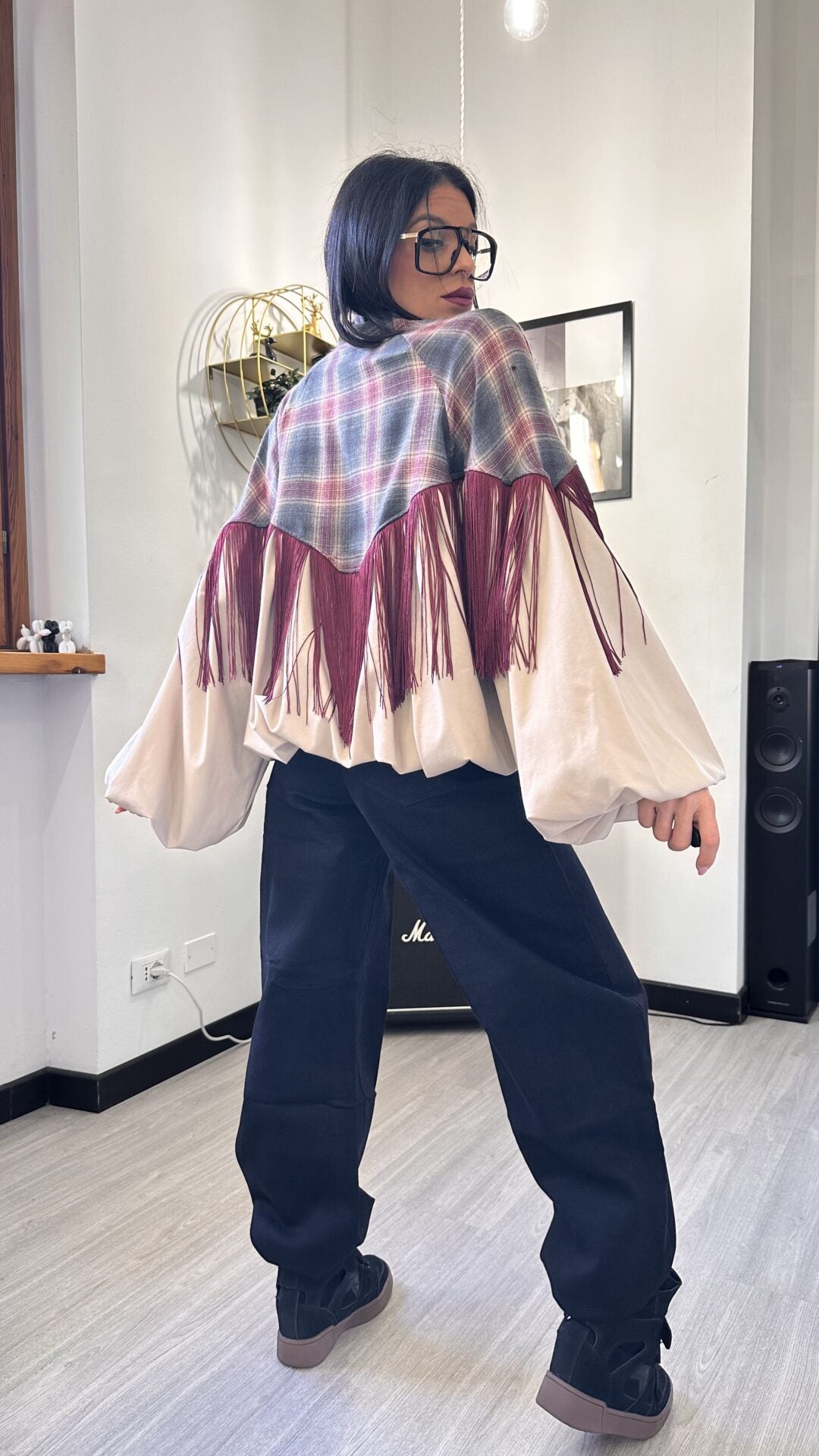 GIACCA BOMBER TARTAN CON FRANGE