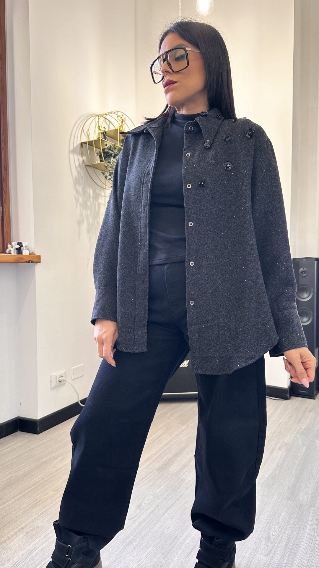 CAMICIA CON FIORELLINI GRIGIA