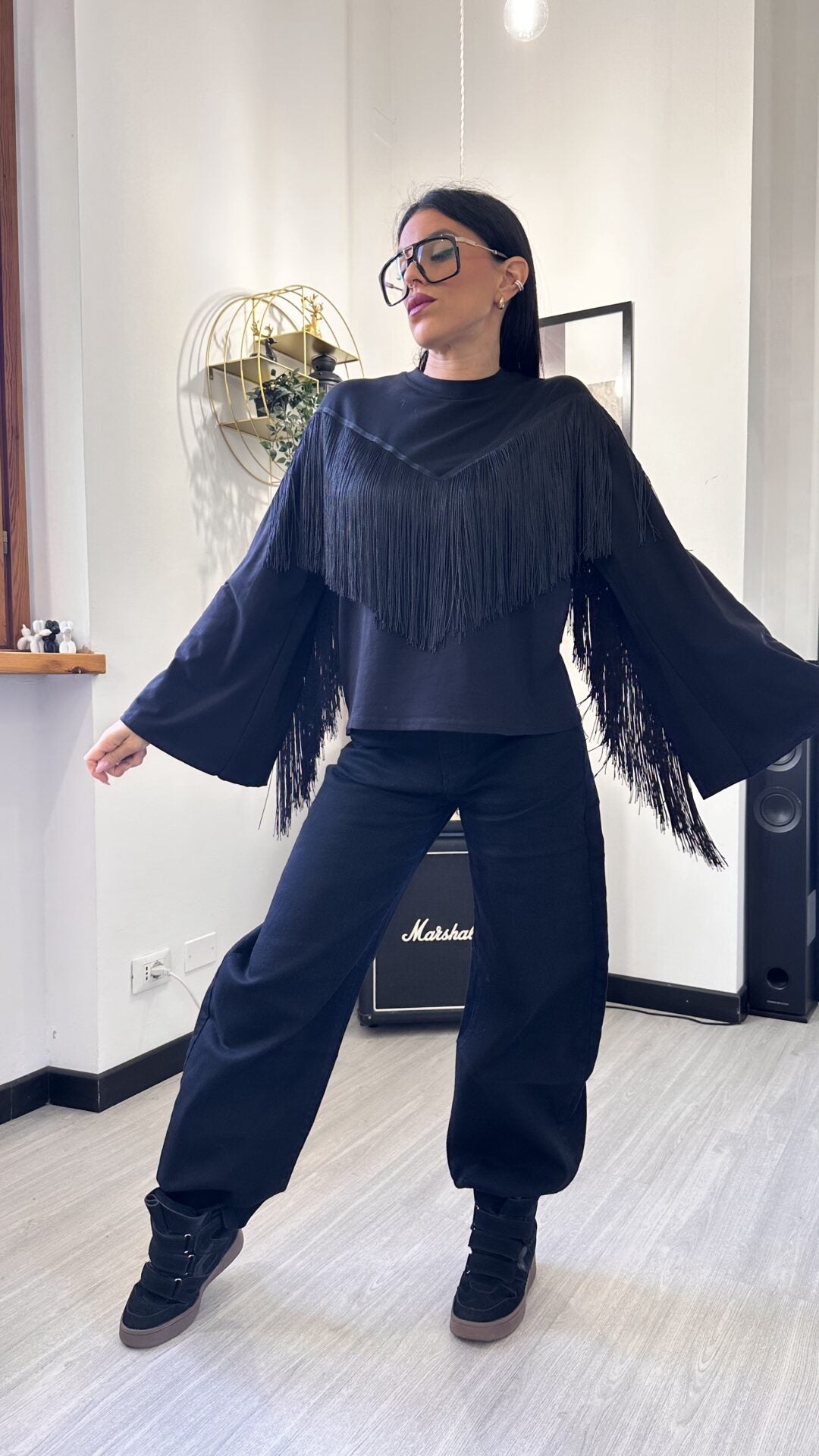 LONG SLEEVE CON FRANGE NERA