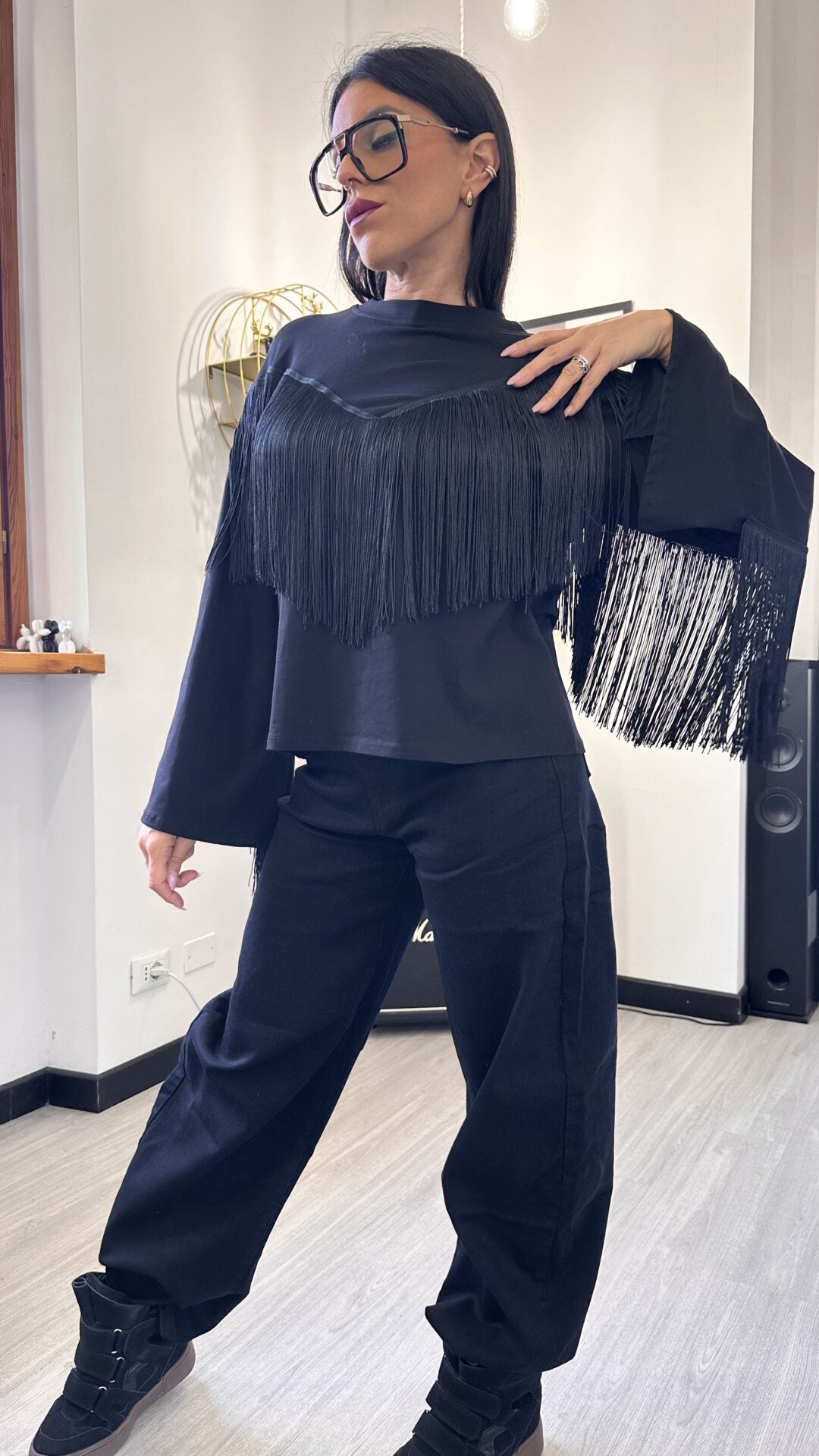 LONG SLEEVE CON FRANGE NERA