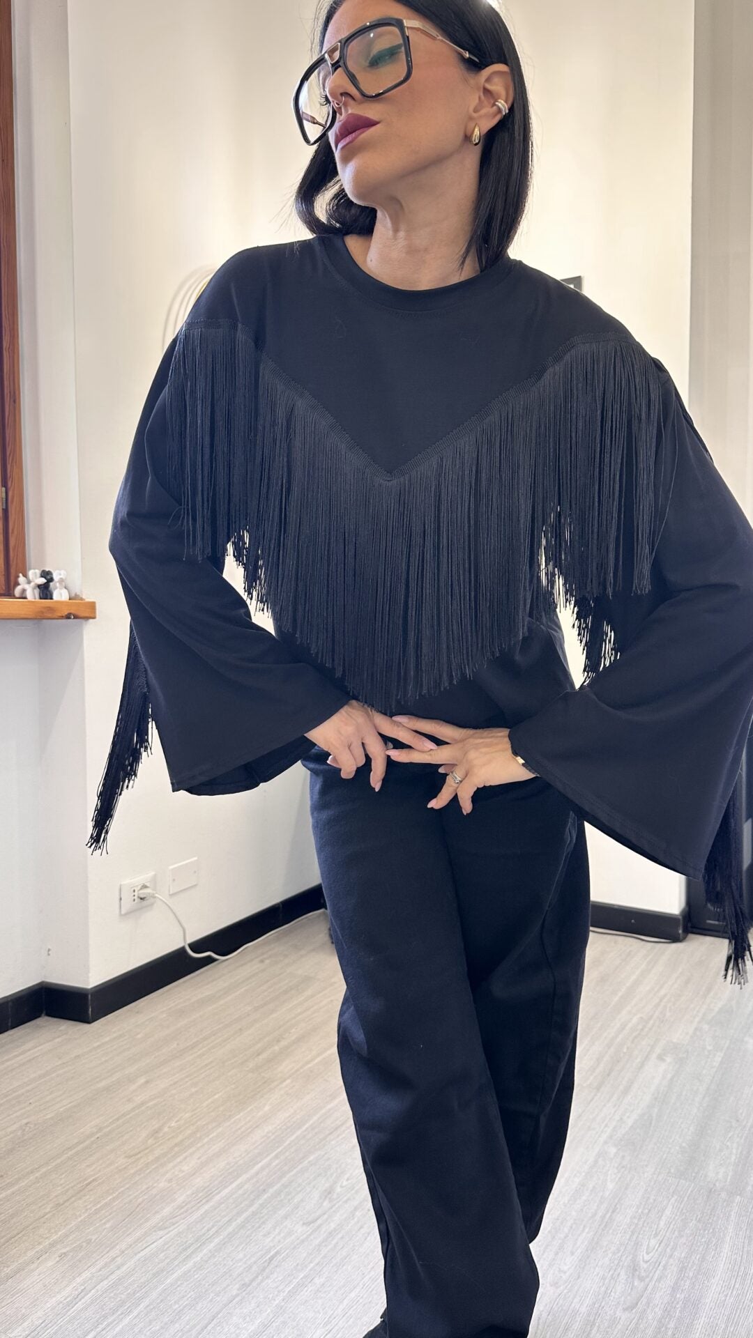 LONG SLEEVE CON FRANGE NERA