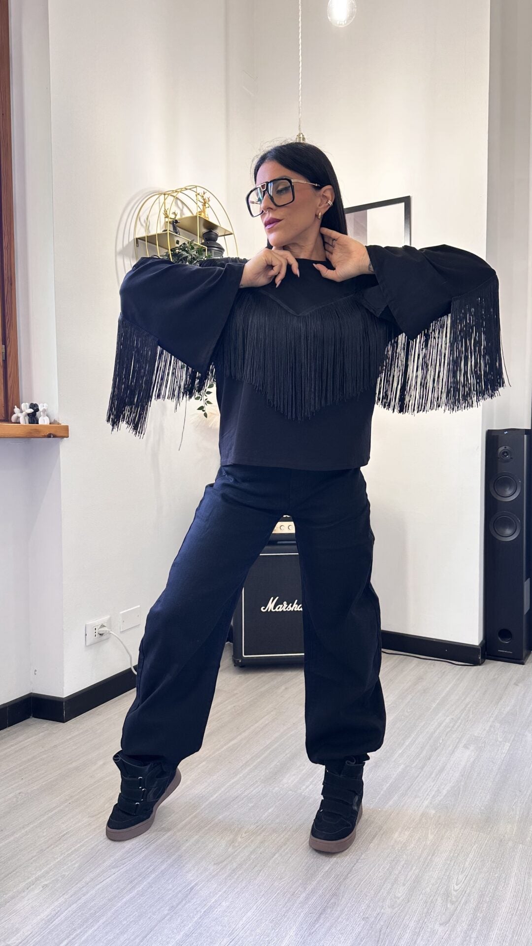 LONG SLEEVE CON FRANGE NERA
