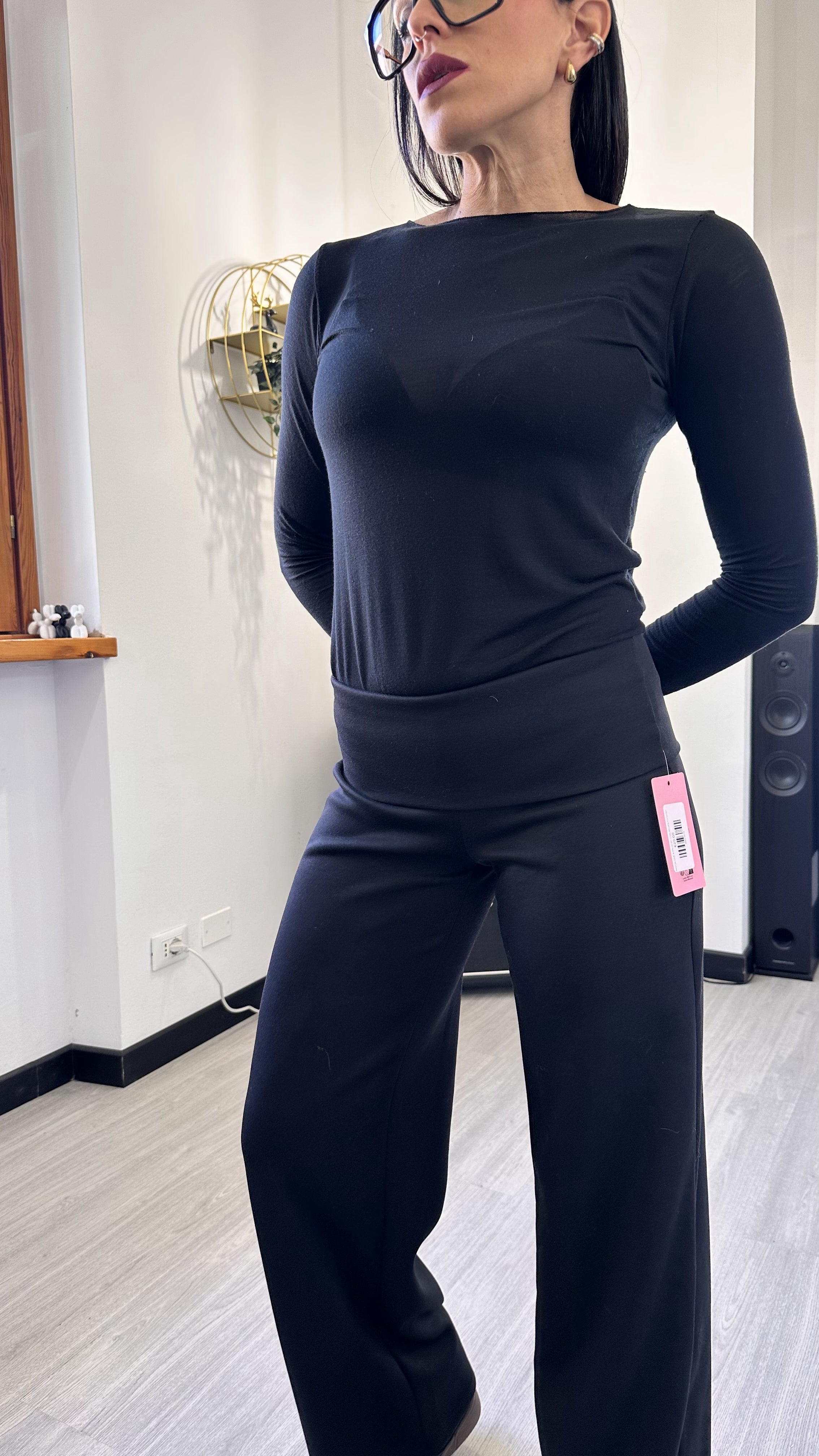 PANTALONE A PALAZZO CON RISVOLTO NERO