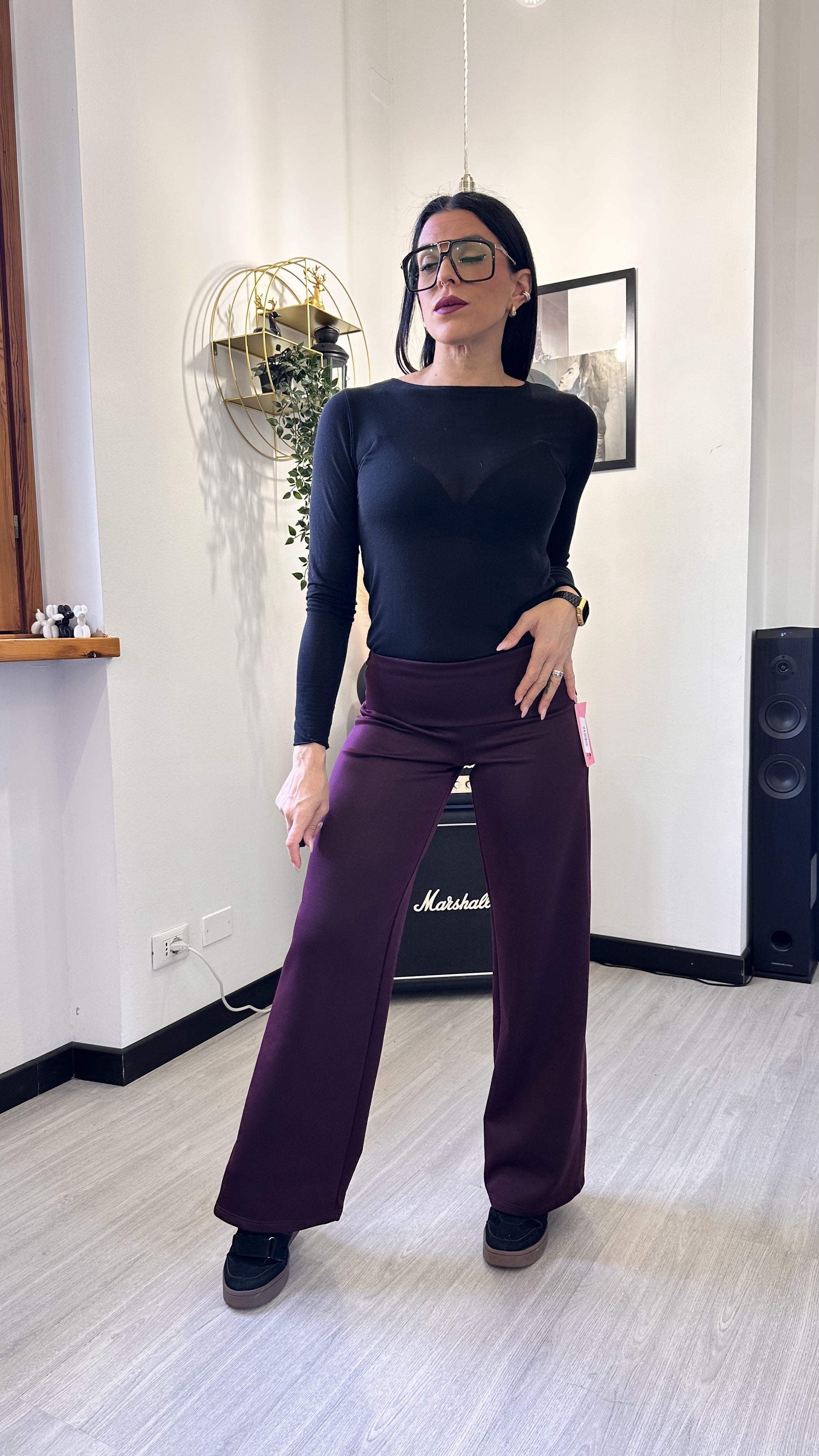 PANTALONE A PALAZZO CON RISVOLTO BORDEAUX
