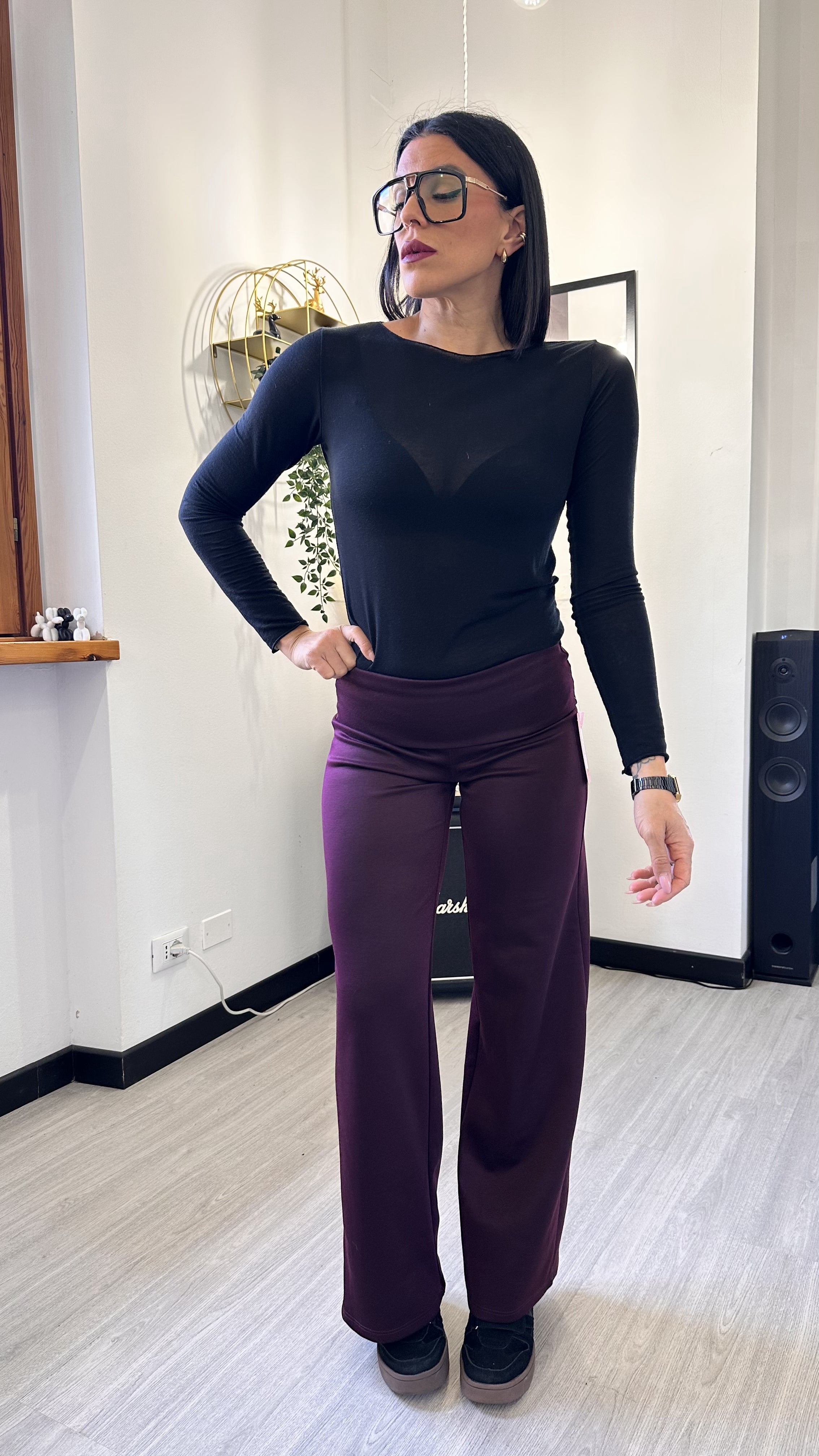 PANTALONE A PALAZZO CON RISVOLTO BORDEAUX