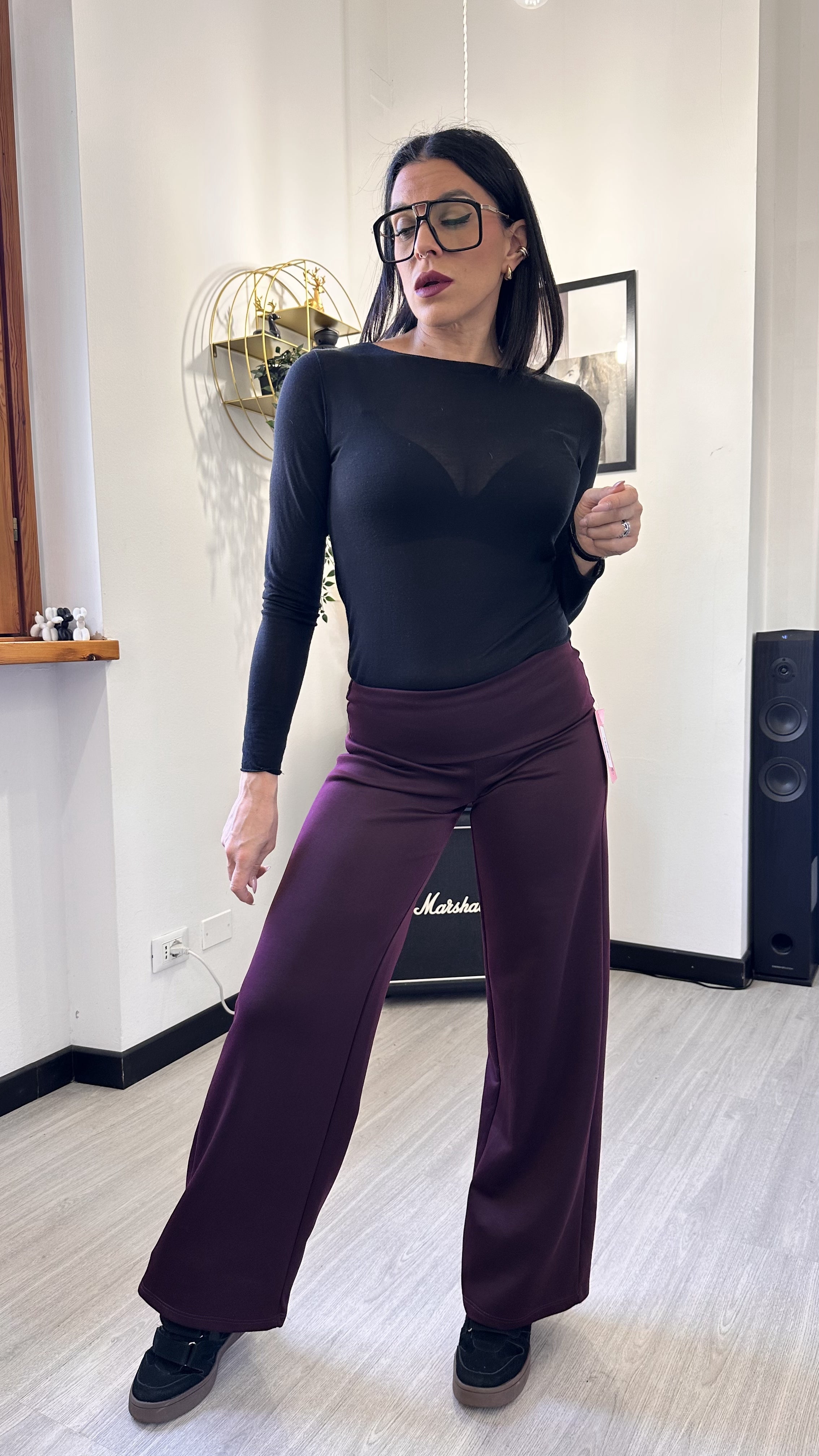 PANTALONE A PALAZZO CON RISVOLTO BORDEAUX