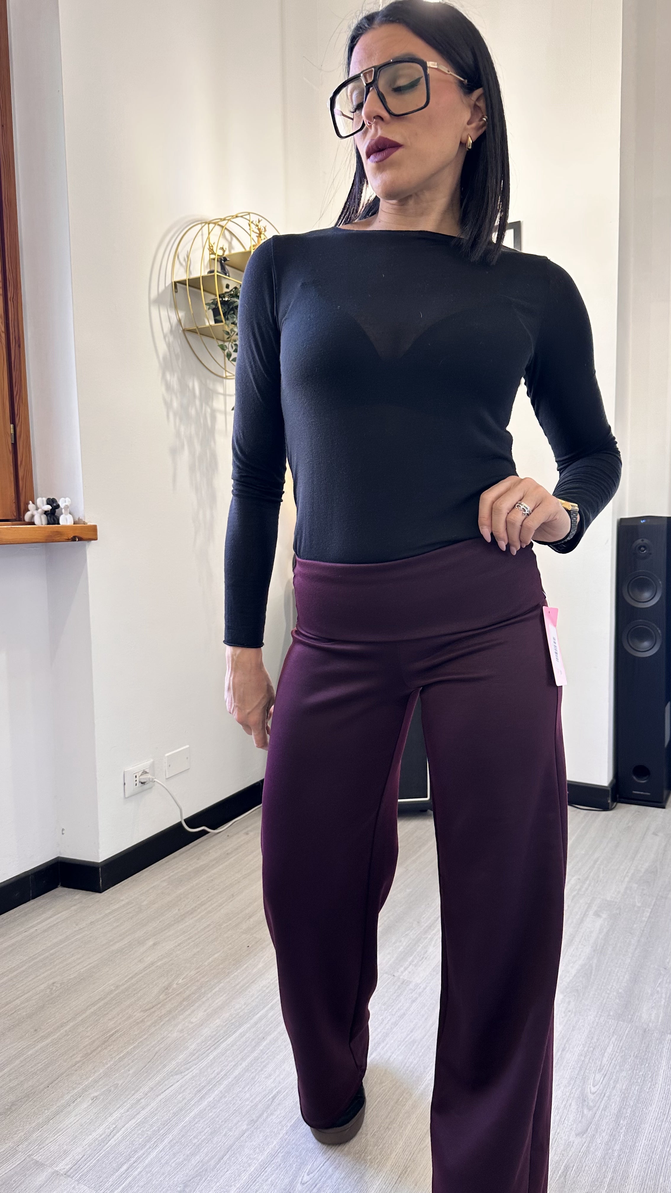 PANTALONE A PALAZZO CON RISVOLTO BORDEAUX