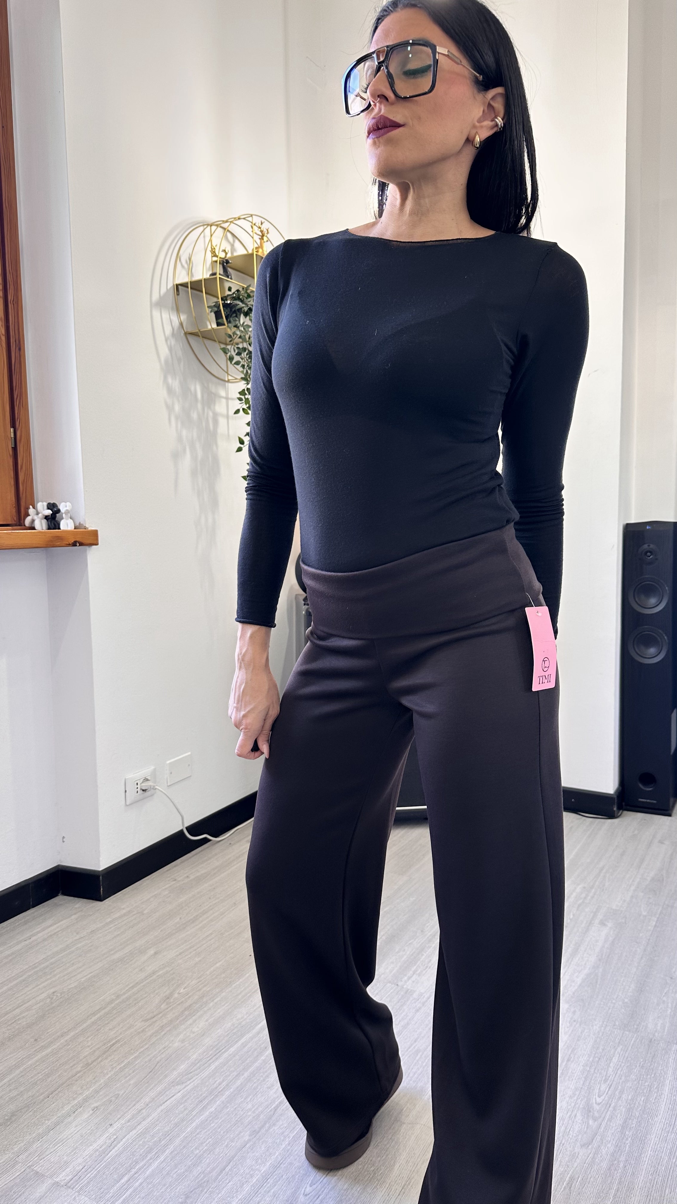 PANTALONE A PALAZZO CON RISVOLTO MARRONE