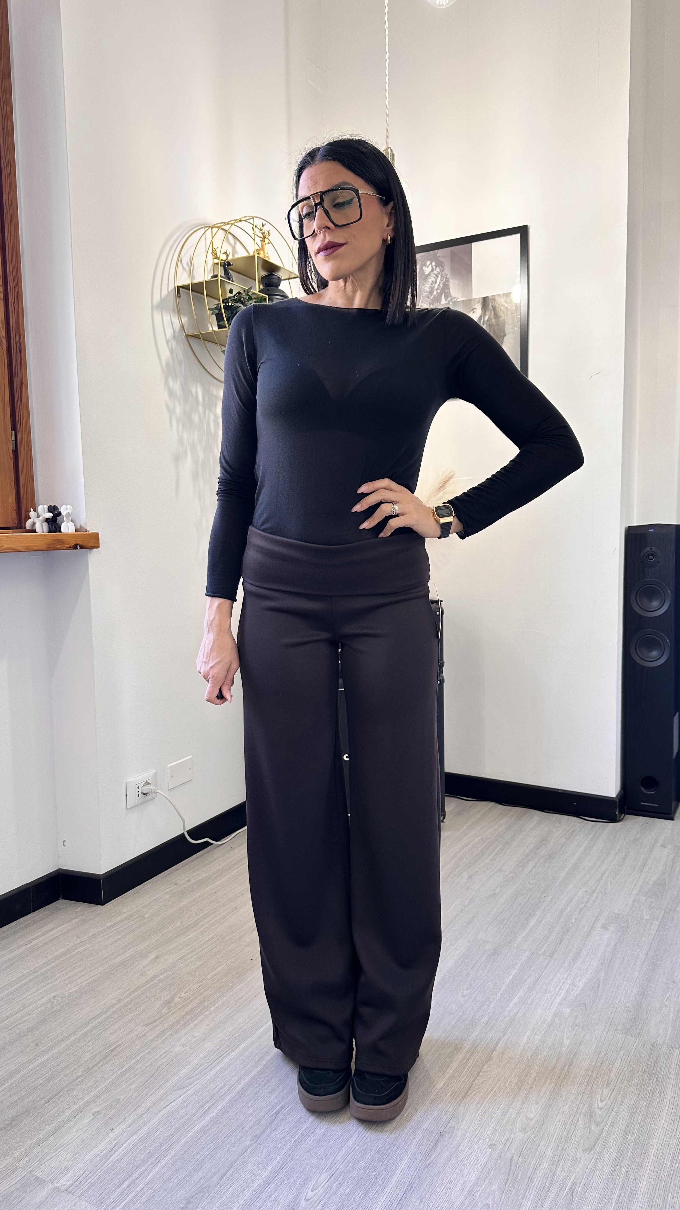 PANTALONE A PALAZZO CON RISVOLTO MARRONE