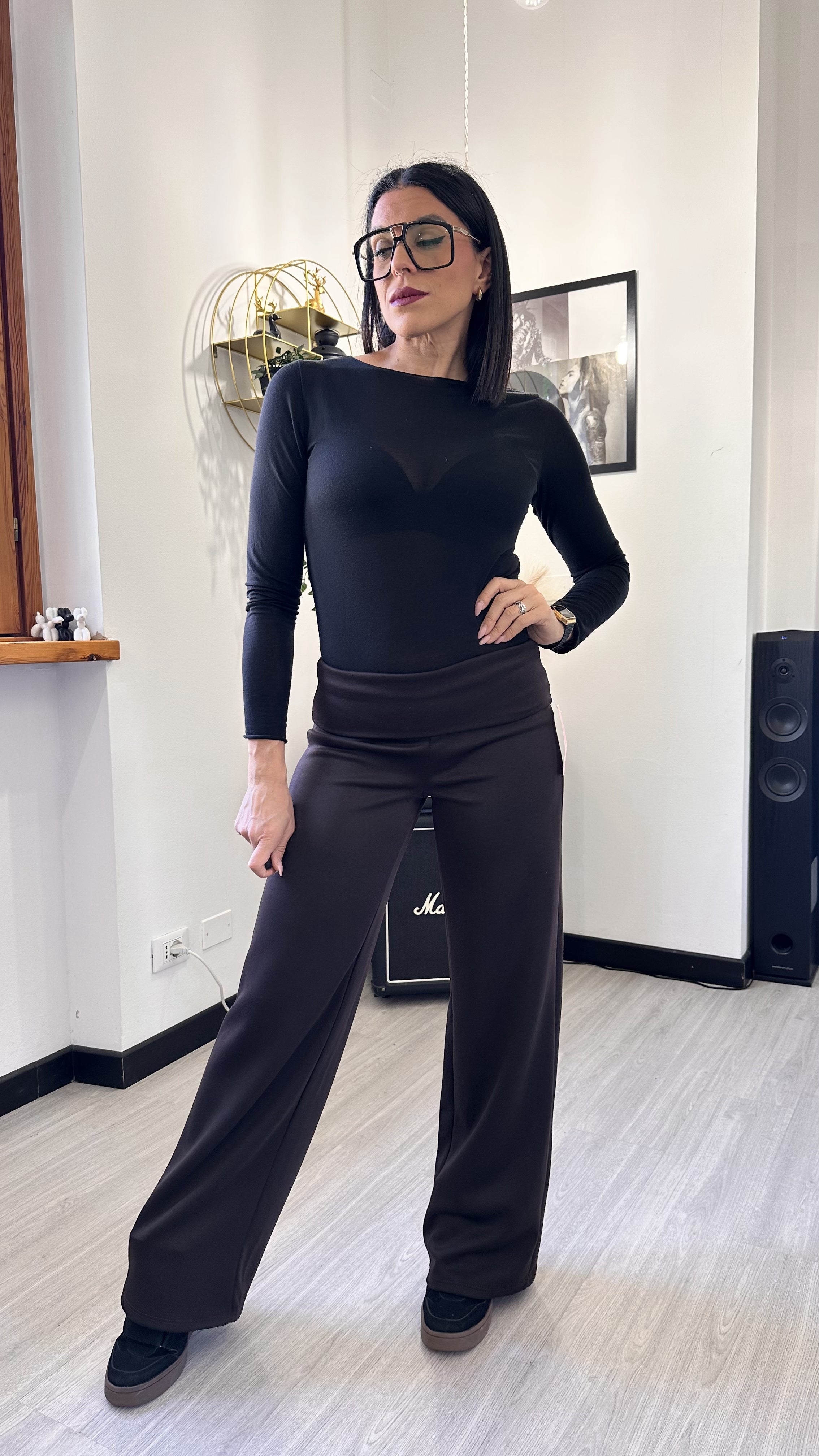 PANTALONE A PALAZZO CON RISVOLTO MARRONE