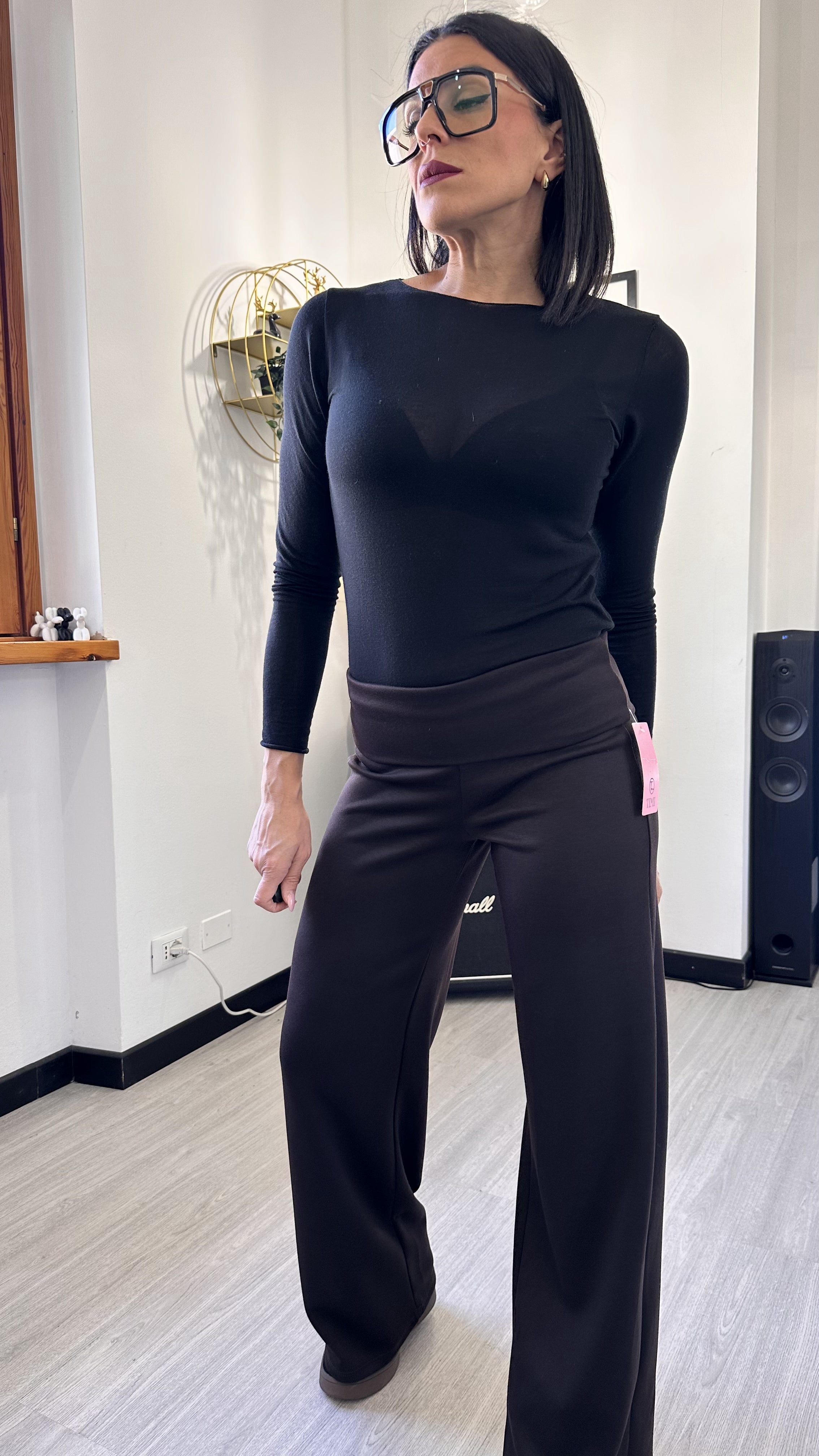 PANTALONE A PALAZZO CON RISVOLTO MARRONE