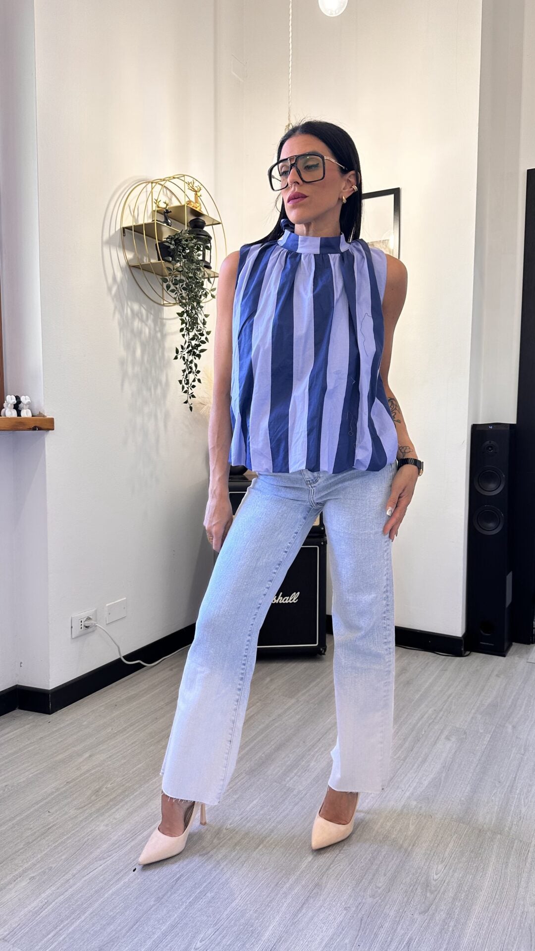 CANOTTA EFFETTO CAMICIA A RIGHE BLU