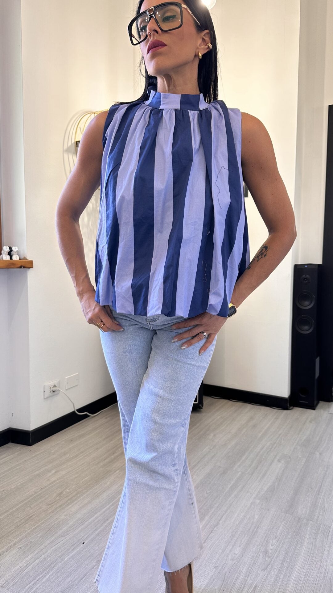 CANOTTA EFFETTO CAMICIA A RIGHE BLU