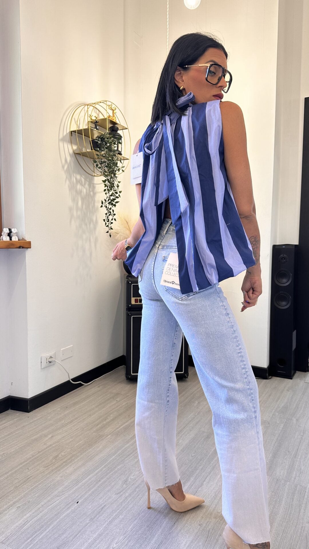 CANOTTA EFFETTO CAMICIA A RIGHE BLU