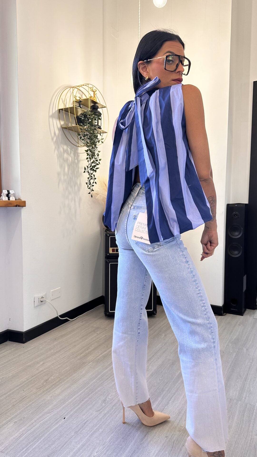 CANOTTA EFFETTO CAMICIA A RIGHE BLU