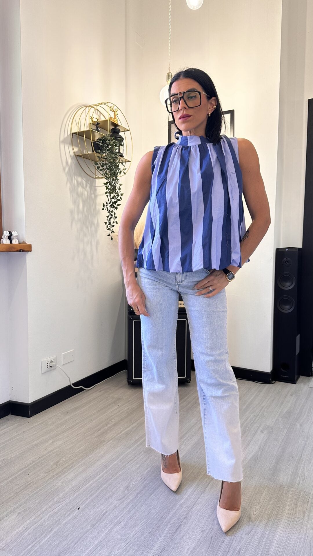 CANOTTA EFFETTO CAMICIA A RIGHE BLU