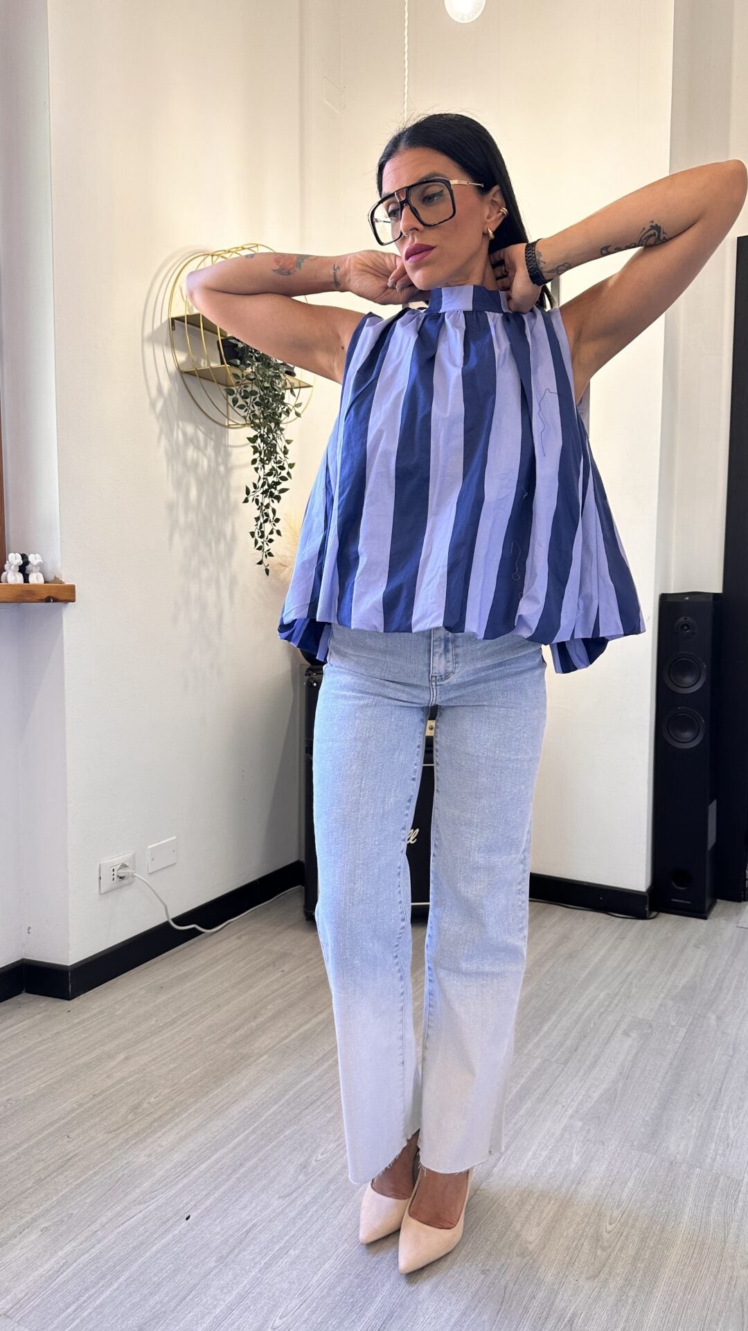 CANOTTA EFFETTO CAMICIA A RIGHE BLU