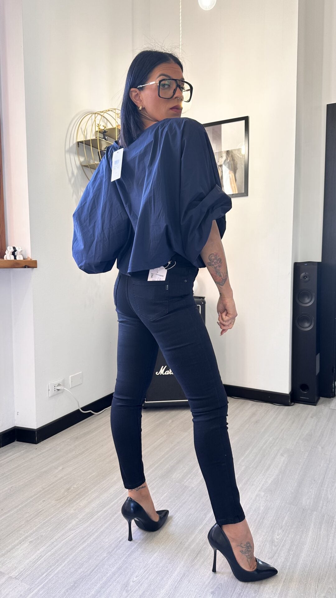 CAMICIA OVER CORTA MANICA PALLONCINO BLU