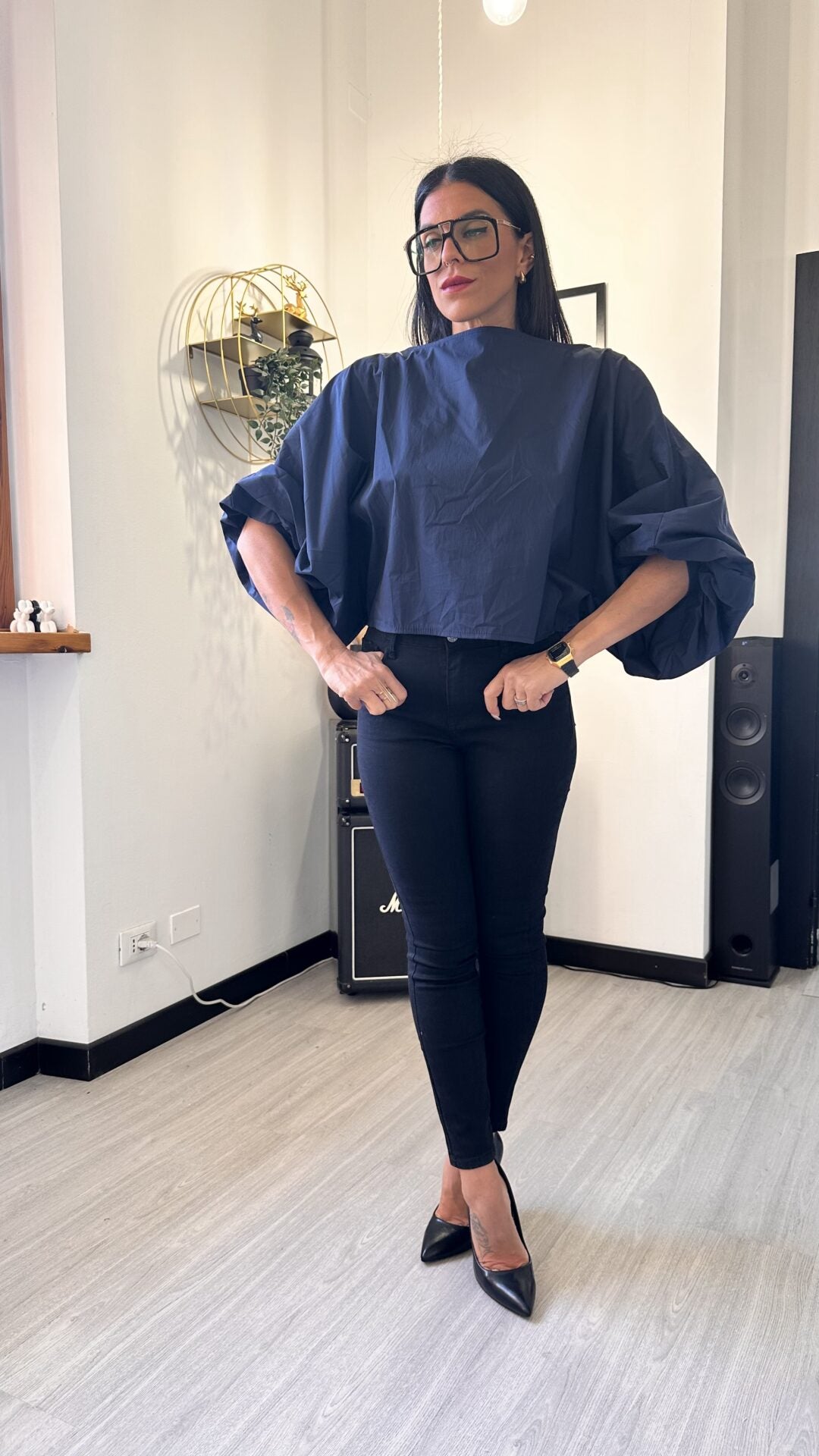 CAMICIA OVER CORTA MANICA PALLONCINO BLU