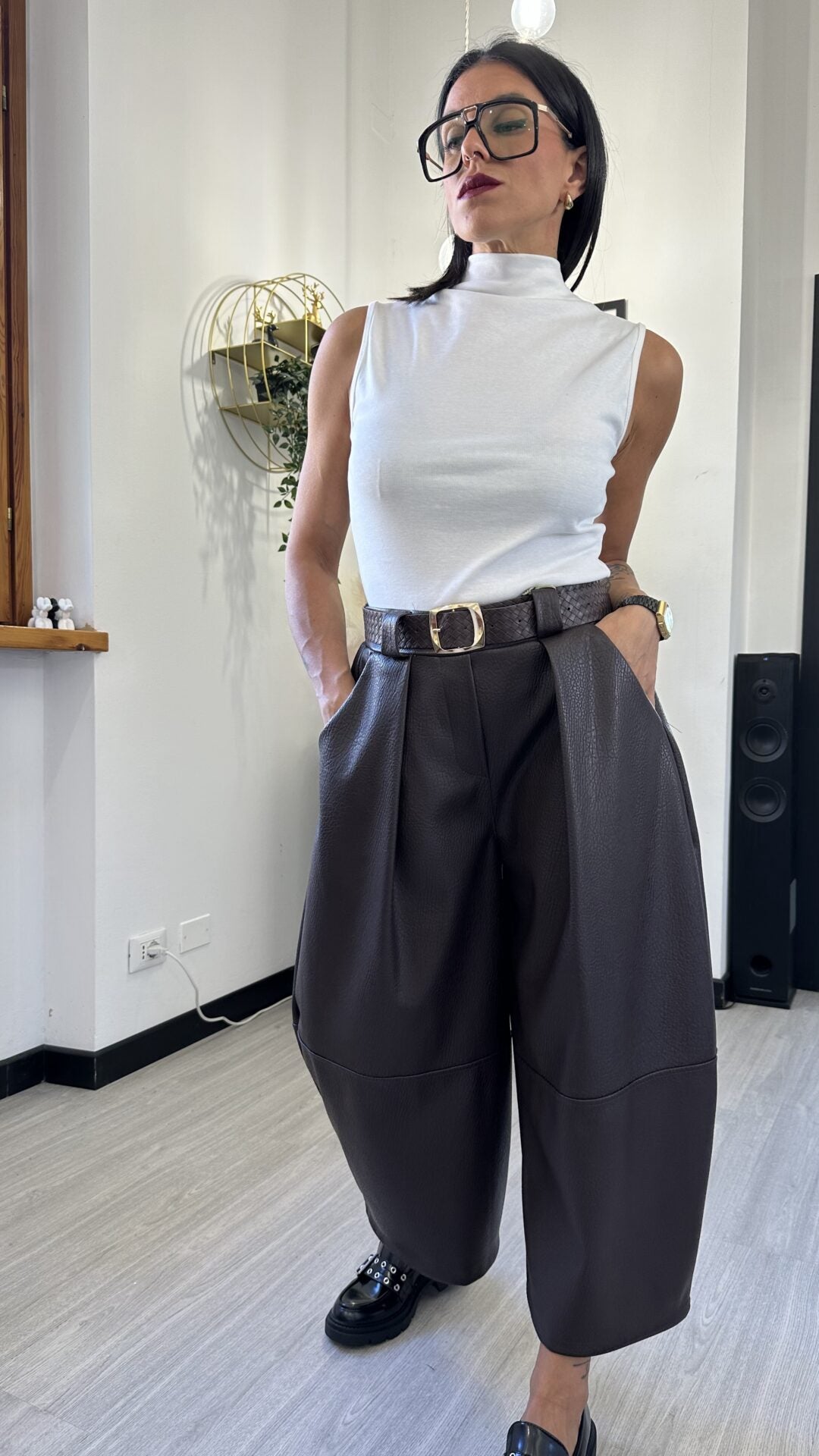 PANTALONE BAGGY LARGO IN ECOPELLE NERO