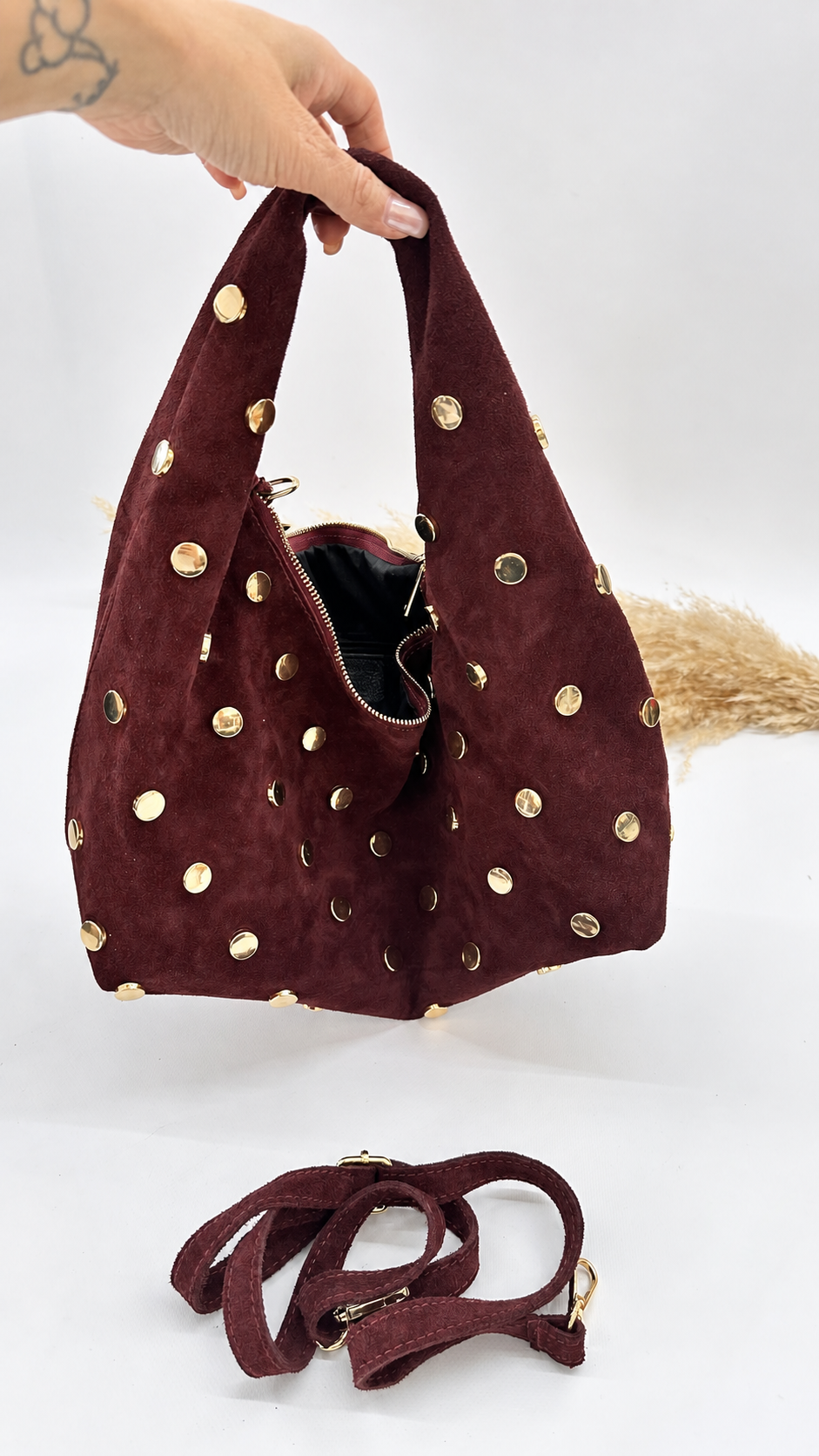 BORSA SCAMOSCIATA CON BORCHIE BORDEAUX